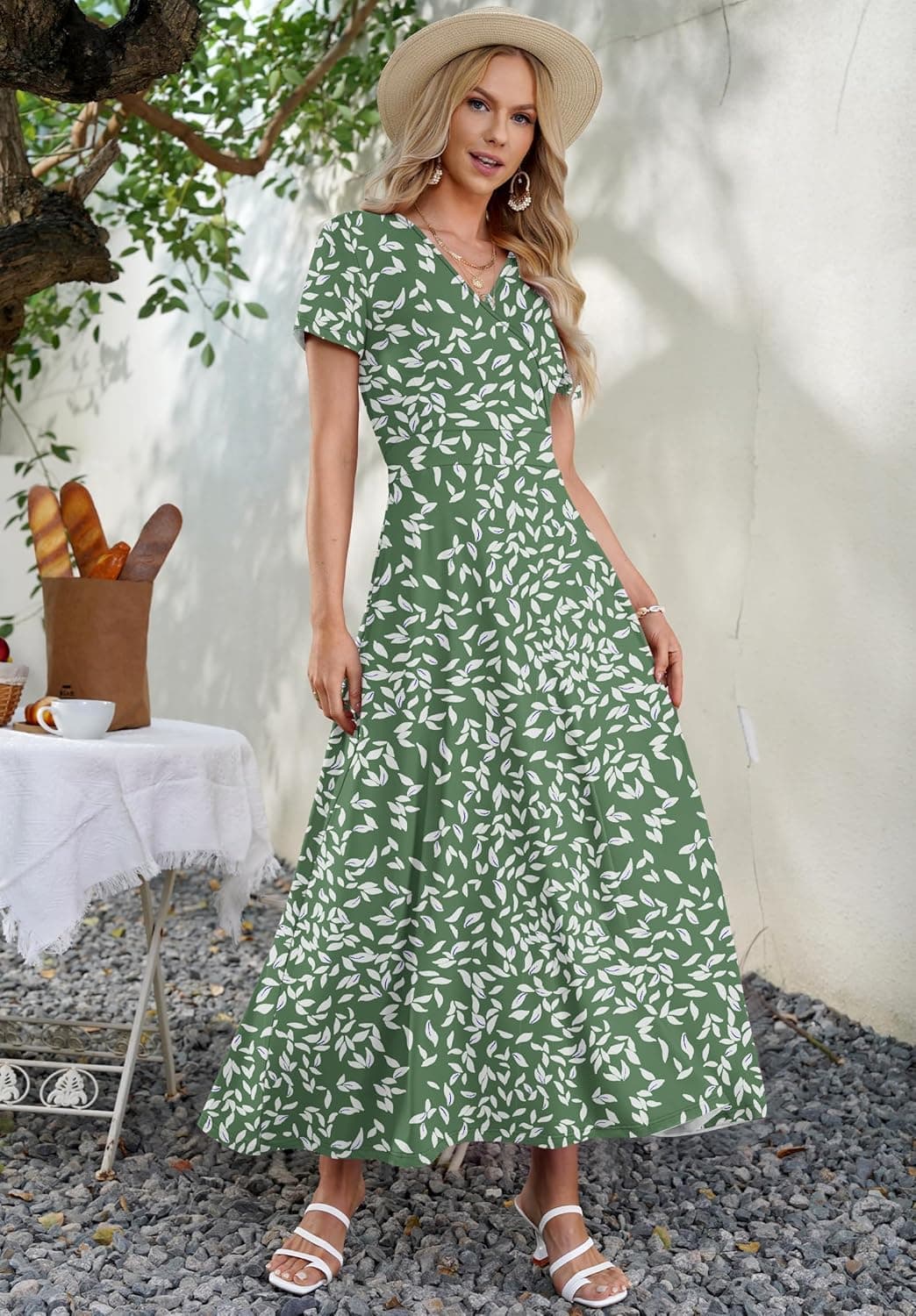 Vestidos Maxi AUSELILY para Mujeres Largo hasta el Tobillo con Estampado Floral Vestido Largo Flowy con Bolsillos Pequeño Hoja Verde Oliva - Image 3