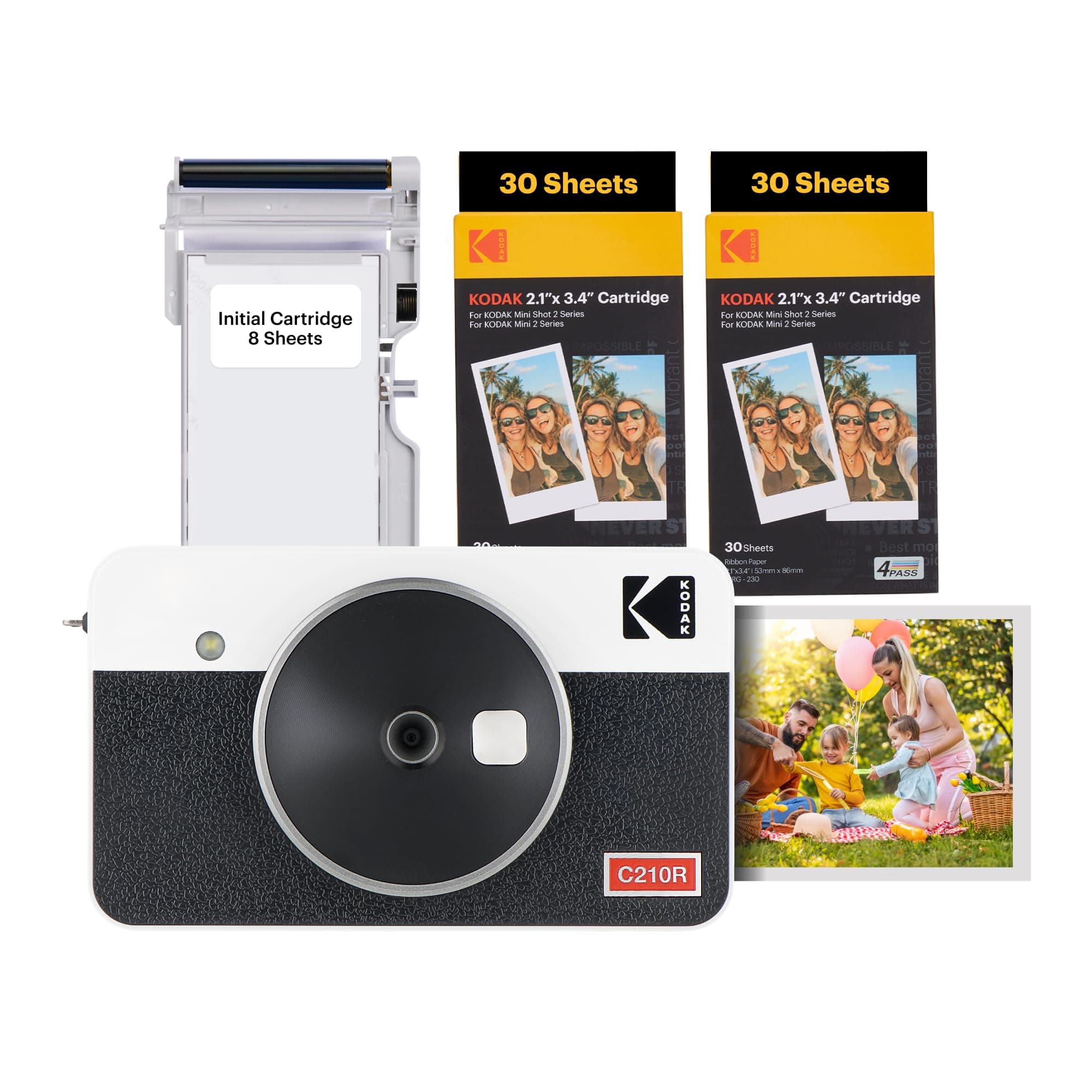 KODAK Mini Shot 2 Retro 4PASS 2-in-1 Instant Digital Camera and Photo Printer (2.1x3.4 inches) Initial 8 Sheets + 60 Sheets Bundle, White White 2x3 Camera + 68 Sheets