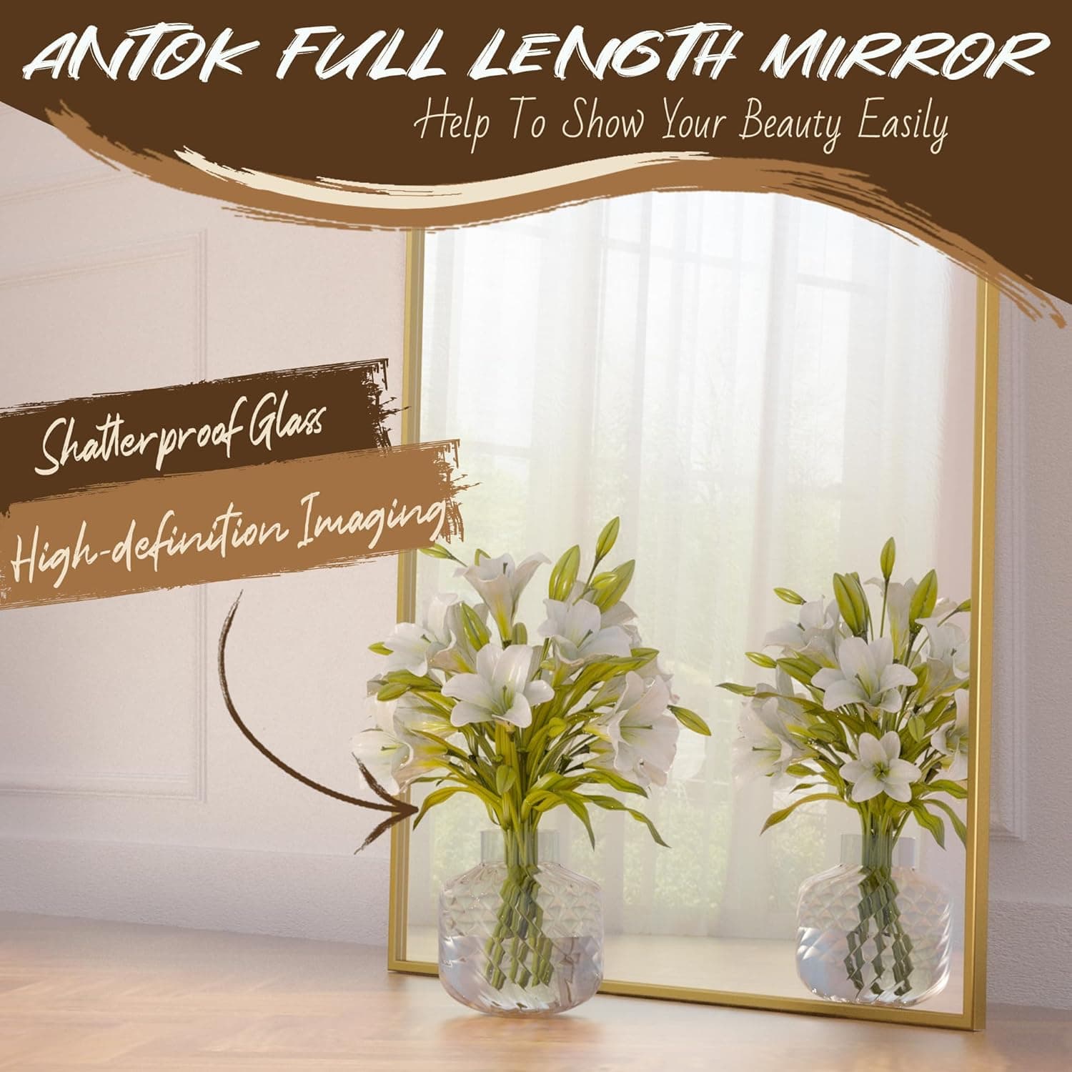 Antok Full Length Mirror, 58"x19" Floor Mirror, Arched Floor Standing Freestanding Arch Full Body Mirrors with Stand for Bedroom, Hanging Mounted for Living Room Cloakroom,Gold Gold 58"L x 19"W - Image 6