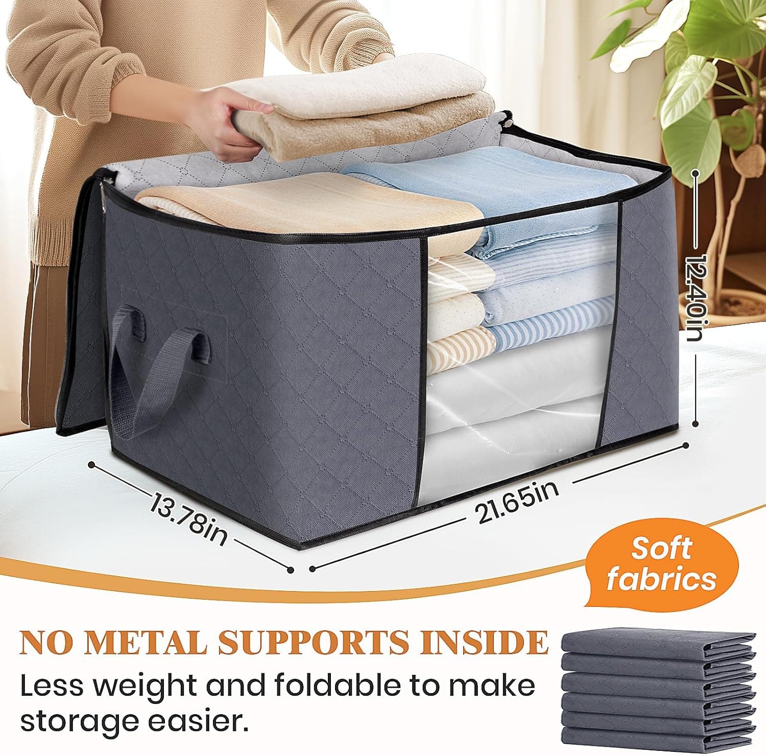 Fab totes Storage Bags, Clothes Blanket Storage Bins Foldable Closet Organizers with Reinforced Handle for Home Dorm Storage and Organization, Fabric Bags for Organizing Bed Sheets, Clothing, Comforters 6 Pack-Standard Grey - Image 3