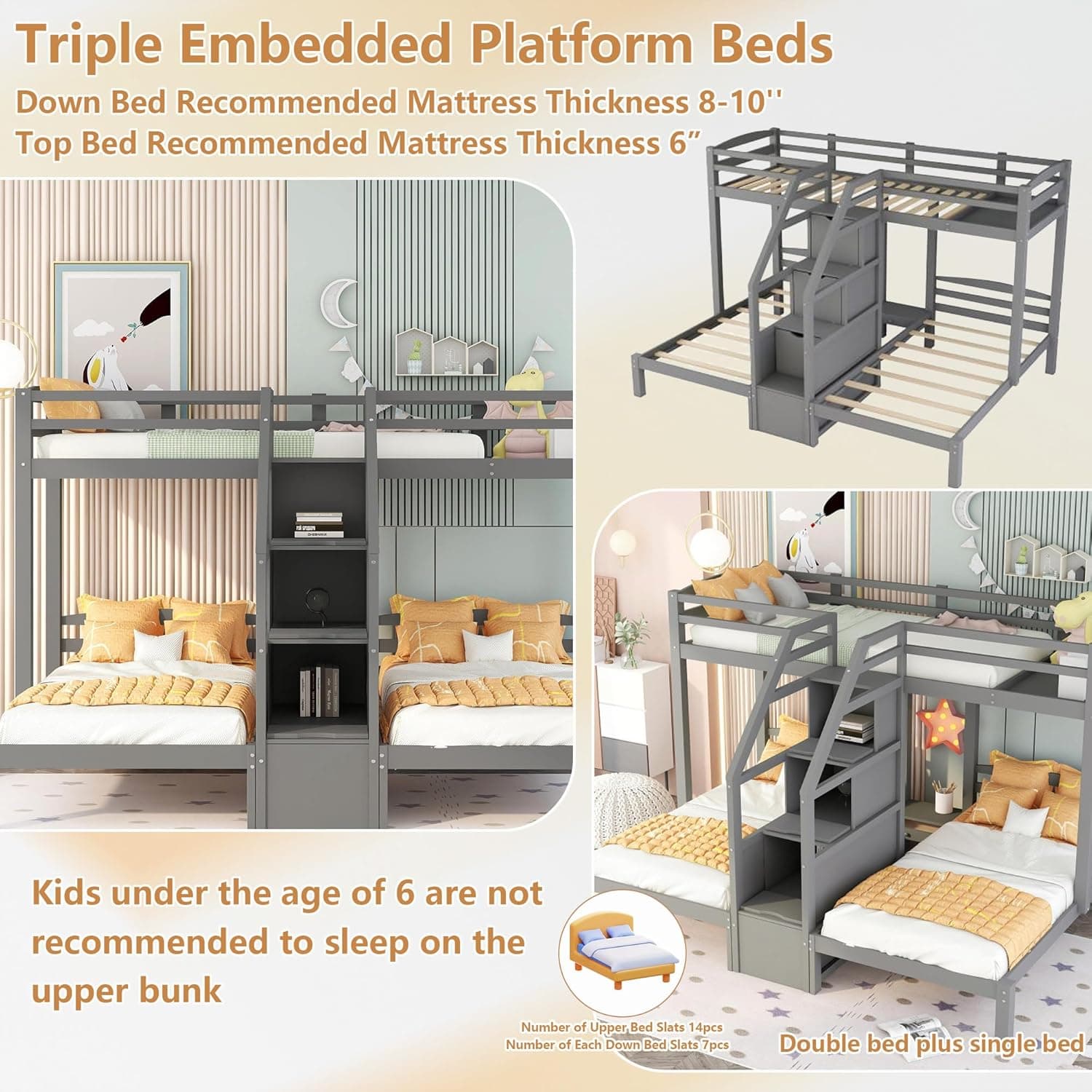 Bellemave Triple Bunk Bed Twin Over Twin Over Twin with Stairscase and Drawers for Storage, Wood Bunk Beds Frame for 3, Saving Spcae, Gray - Image 9