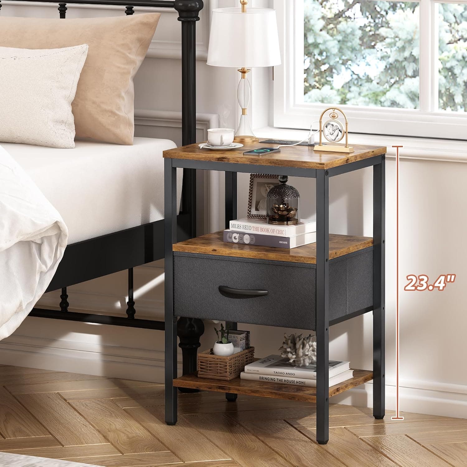 SUPERJARE Nightstand with Charging Station, Bed Side Table with Adjustable Fabric Drawer, Night Stand for Bedroom, 3-Tier Storage End Table, for Living Room, Rustic Brown and Black M (11.8"D x 15.7"W x 23.4"H) Rustic Brown and Black 1 - Image 5