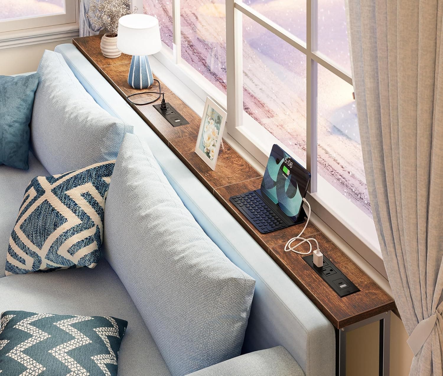 SUPERJARE 78.8 inch Narrow Console Table with Outlet, Sofa Tables, Behind Couch Table, Long Entryway Tables with Charging Station, for Living Room, Rustic Brown Rustic Brown 5.7''D x 78.7''W x 29.7''H - Image 2