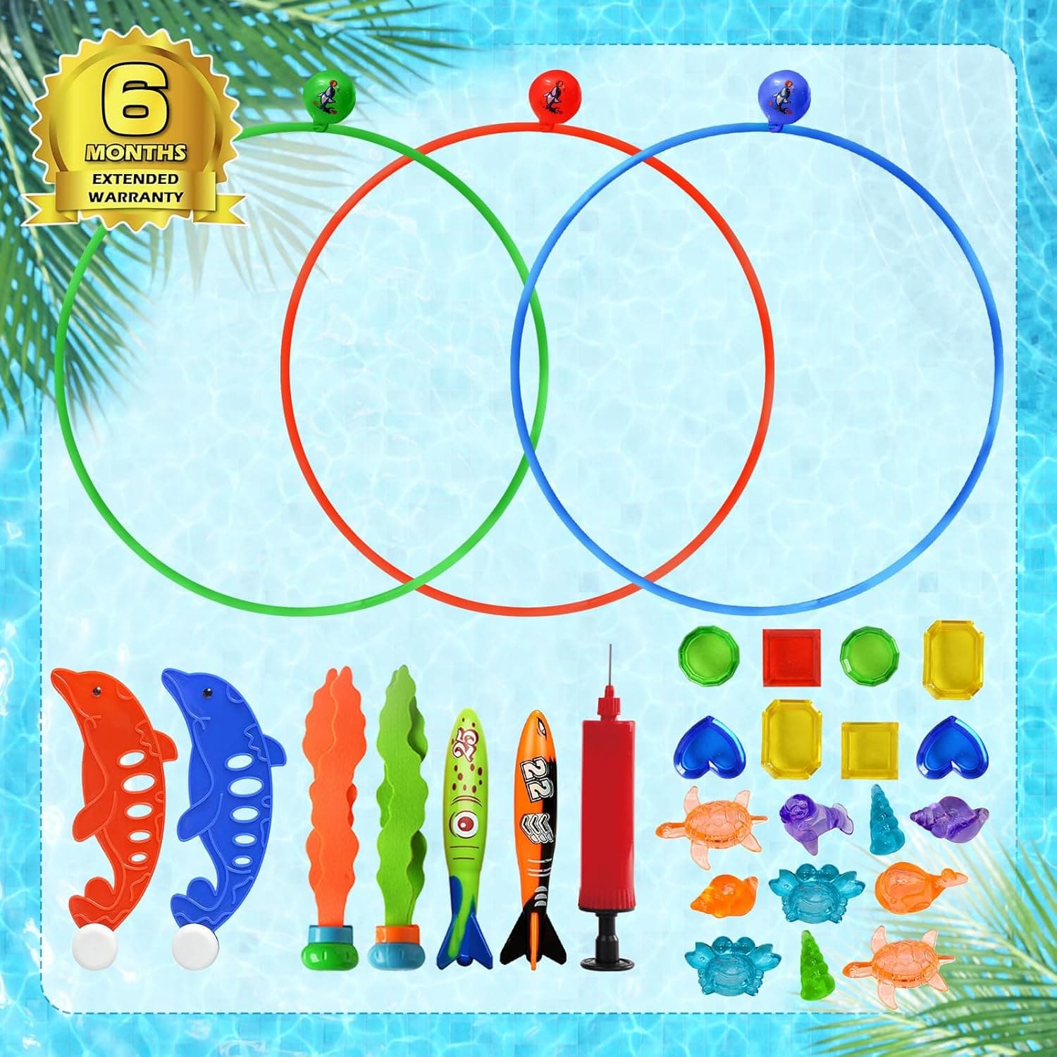 Jasonwell Pool Toys Diving Rings - 28PCS Swim Thru Rings Pool Game Diving Toys with Dive Ring Underwater Treasures Torpedo Bandits Fish Toy Fun Water Swimming Toy for Boys Girls Kids Teens Adults Green&orange&blue - Image 8