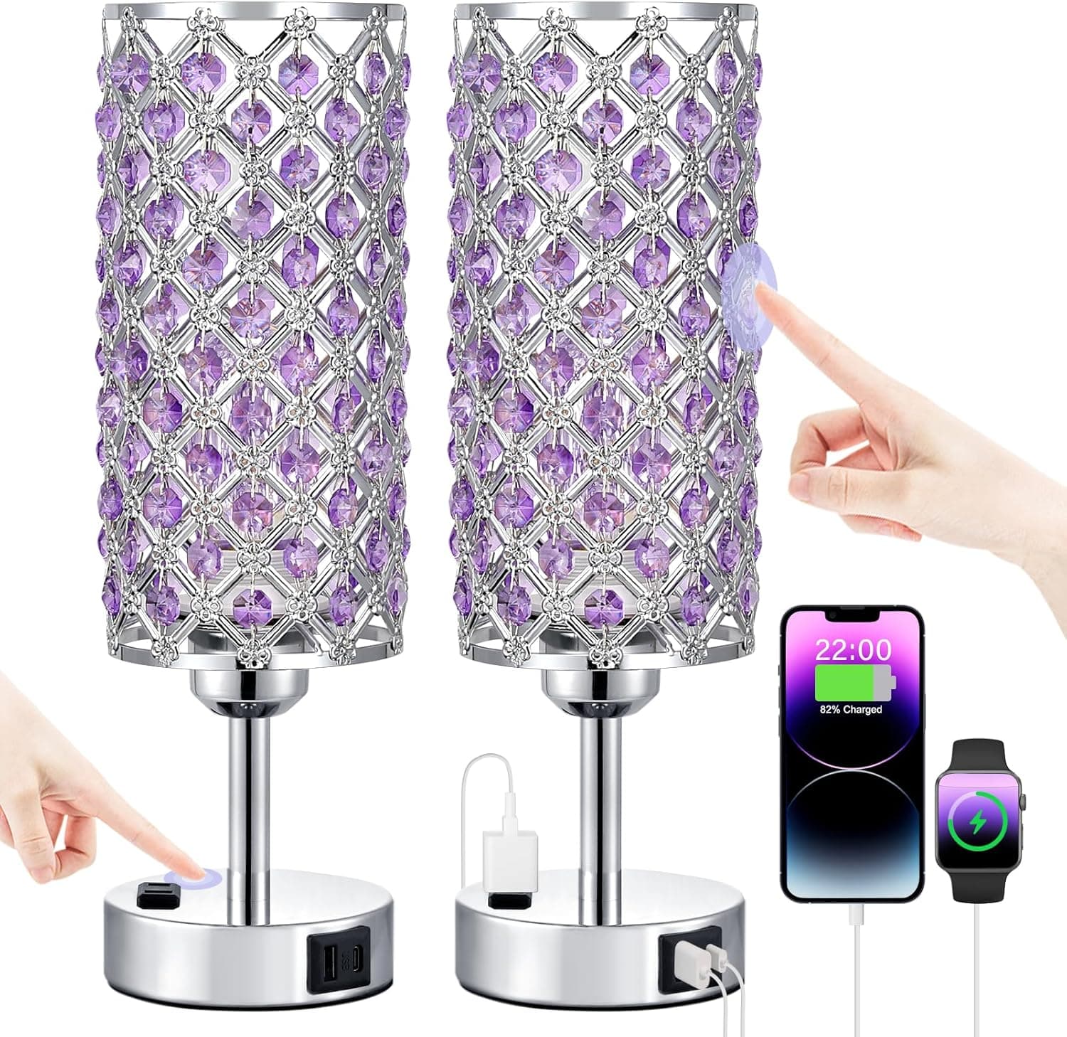 Hong-in Crystal Lamps Set of 2, 3 Way Dimmable Touch Lamp with Crystal Shade, Bedside Nightstand Lamps for Living Room Bedroom Home Office(Purple) - Image 2