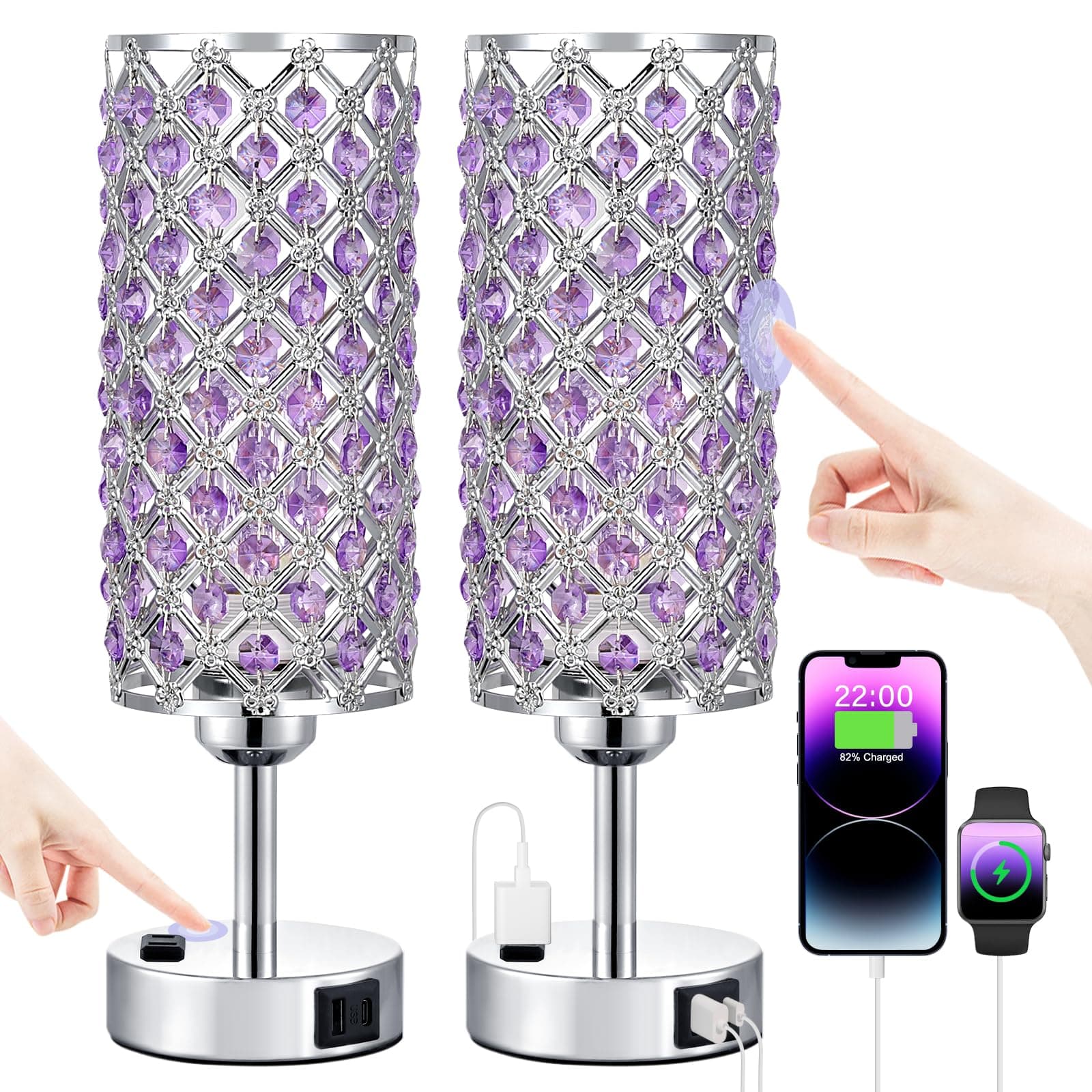 Hong-in Crystal Lamps Set of 2, 3 Way Dimmable Touch Lamp with Crystal Shade, Bedside Nightstand Lamps for Living Room Bedroom Home Office(Purple)