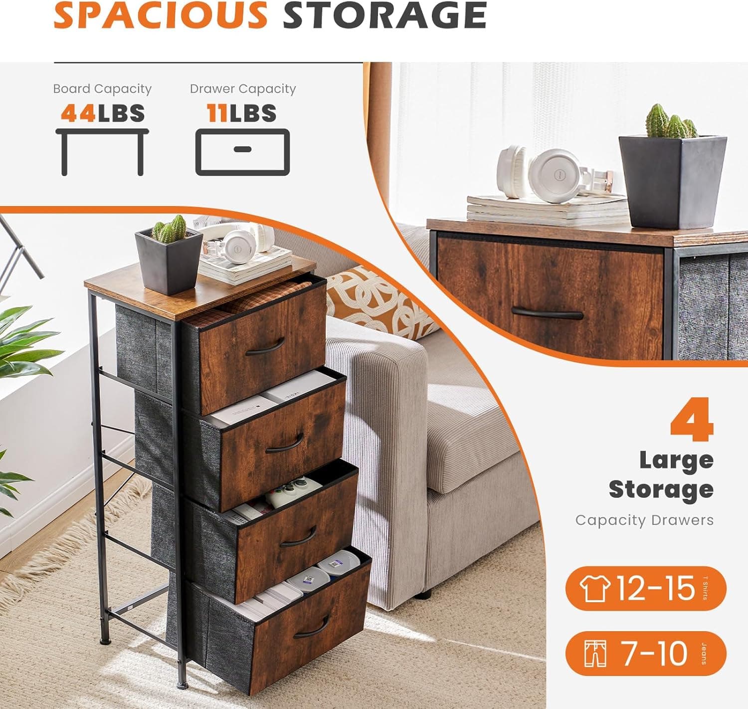 Sweetcrispy 4 Drawer Dresser, Fabric Storage Tower Organizer with Sturdy Steel Frame and Wood Top, Easy Pull Handles, for Bedroom, Closet, Entryway, Hallway, Brown Brown 17.7"D x 11.8"W x 37"H (4 Drawers) - Image 5
