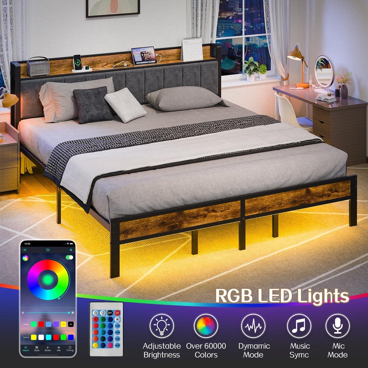 King Size Bed Frame with Smart LED Lights, Storage Headboard with USB Charging Station, Metal Platform Bed Noise Free, Easy Assembly, No Box Spring Needed King (U.S. Standard) - Image 4