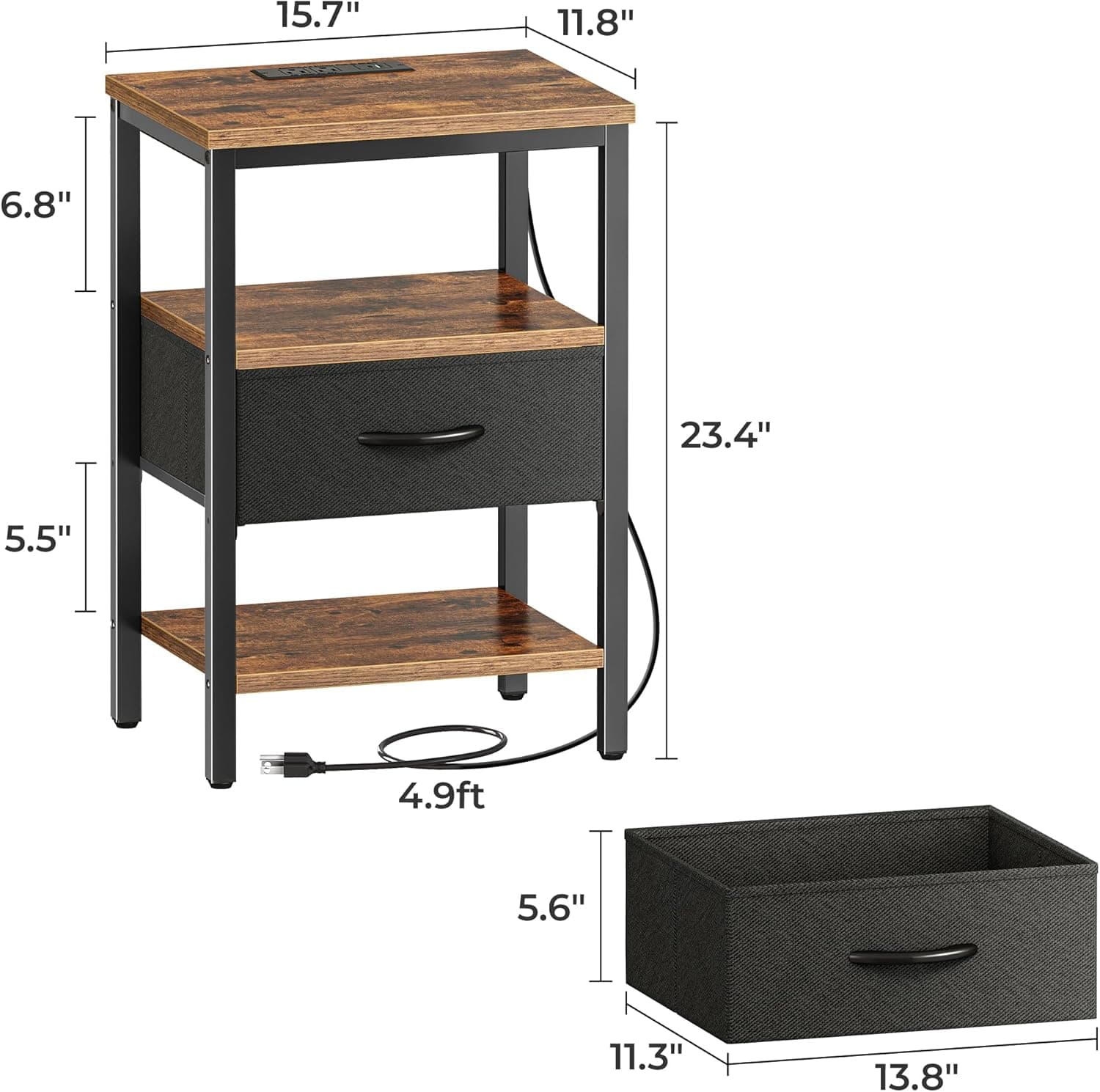 SUPERJARE Nightstand with Charging Station, Bed Side Table with Adjustable Fabric Drawer, Night Stand for Bedroom, 3-Tier Storage End Table, for Living Room, Rustic Brown and Black M (11.8"D x 15.7"W x 23.4"H) Rustic Brown and Black 1 - Image 4