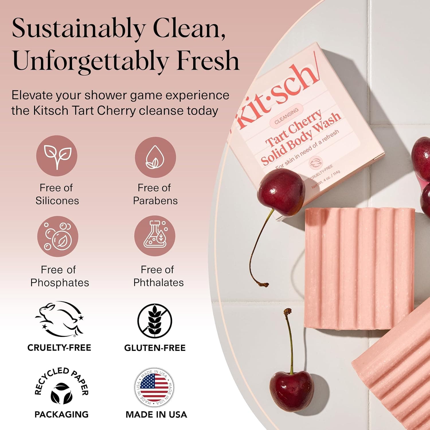 Kitsch Cleansing Tart Cherry Soap Bar with Refreshing Scent - Eco-Friendly Body Wash Women Love - Cherry Solid Bar Soap for Daily Use - Silicone, Sulfate and Paraben Free, Made in USA - 4oz - Image 7