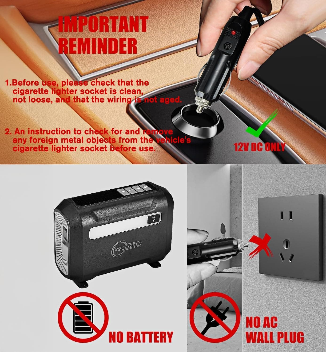 R8 Tire Inflator Portable Air Compressor, DC 12V Air Compressor Portable with Large Dual Digital Screen, 3X Faster Inflation Air Pump for Car, Bike, Ball, Motor Red - Image 7