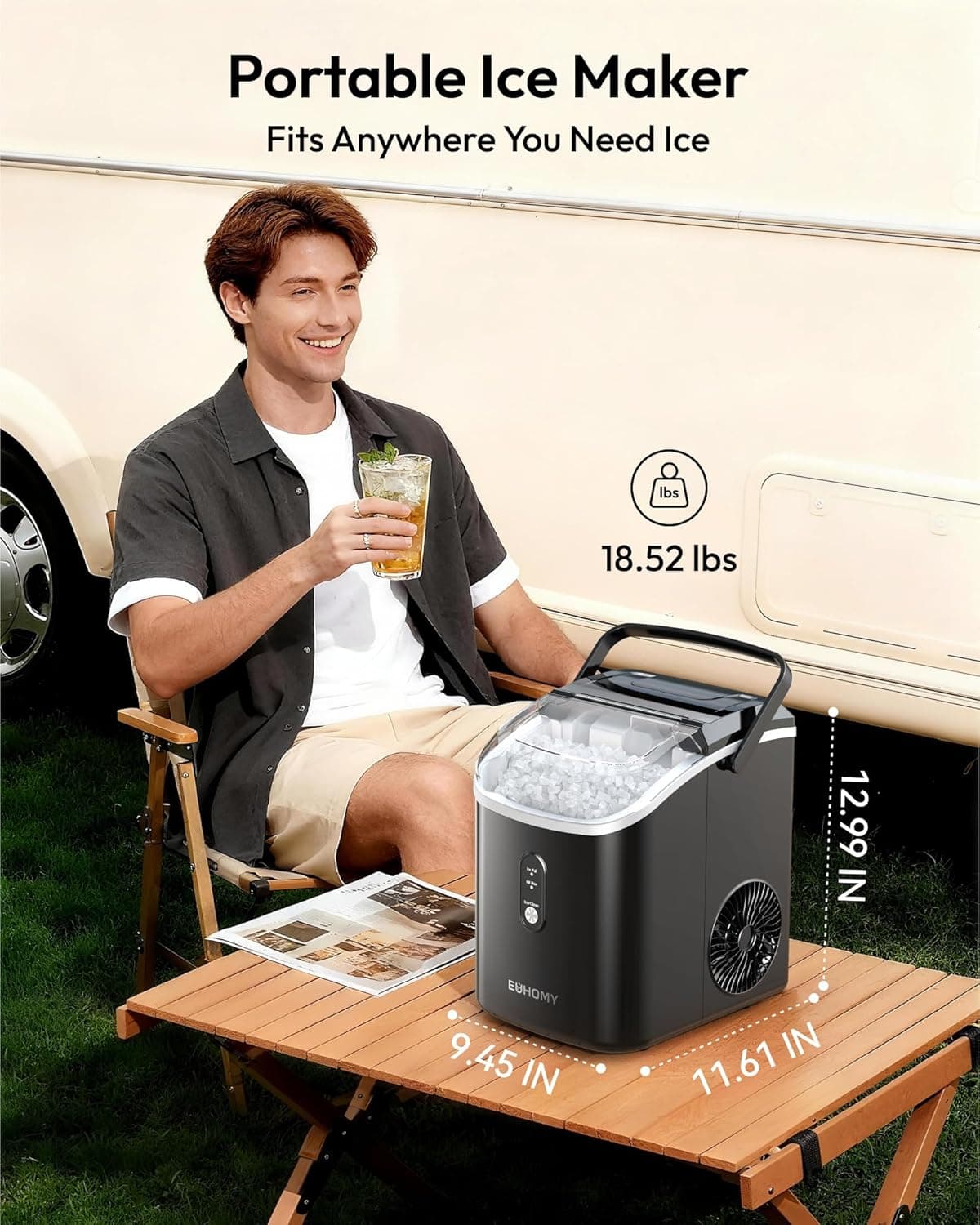 EUHOMY Nugget Ice Maker Countertop with Handle, Ready in 6 Mins, 35lbs Per Day, Removable Top Cover, Auto-Cleaning, Portable Sonic Ice Maker with Basket and Scoop, for Home/Party/RV/Camping - Image 7