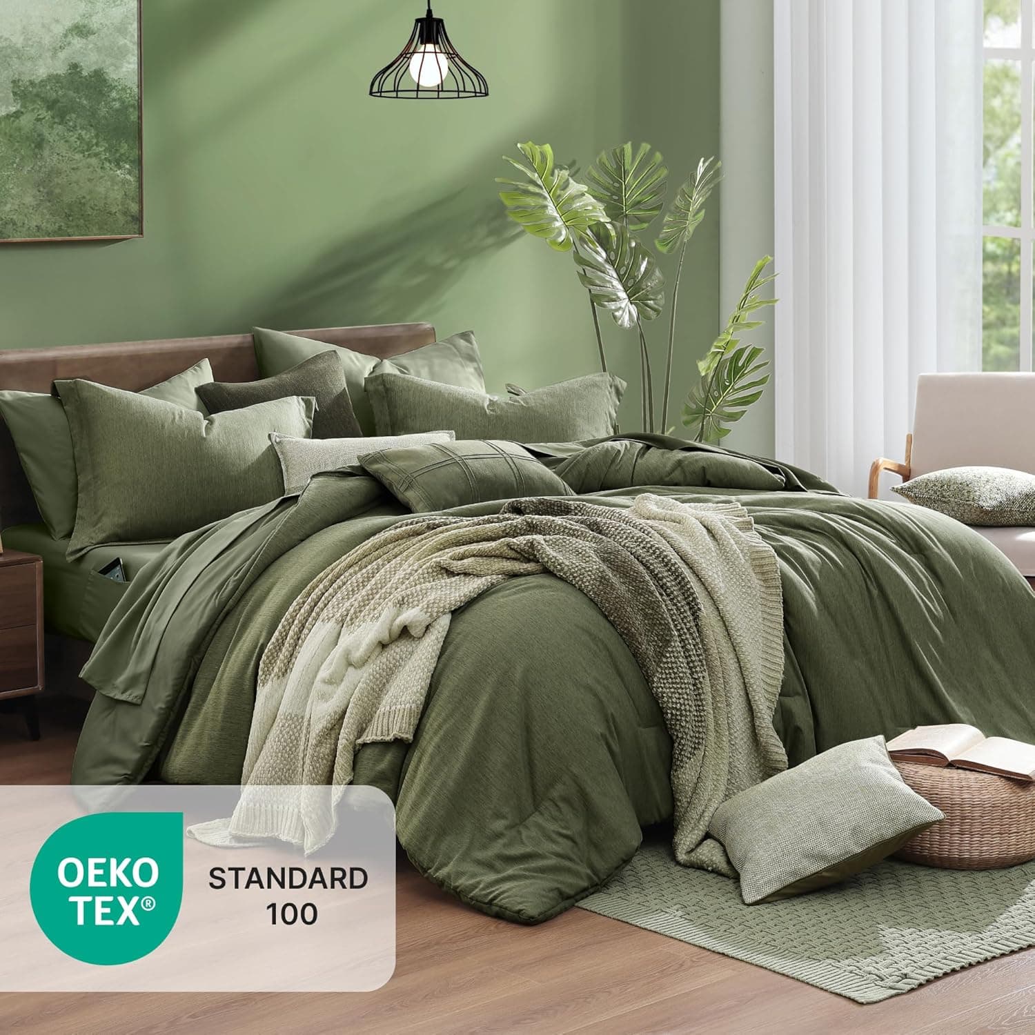 Monbix Queen Comforter Set - 7 Pieces Cationic Dyeing Olive Green Bed in a Bag Queen Bedding Sets with Comforter, Sheets, Pillowcases & Shams, Reversible Bedding Comforters Sets Olive Green 7Piece-Queen(90”X90'') - Image 6
