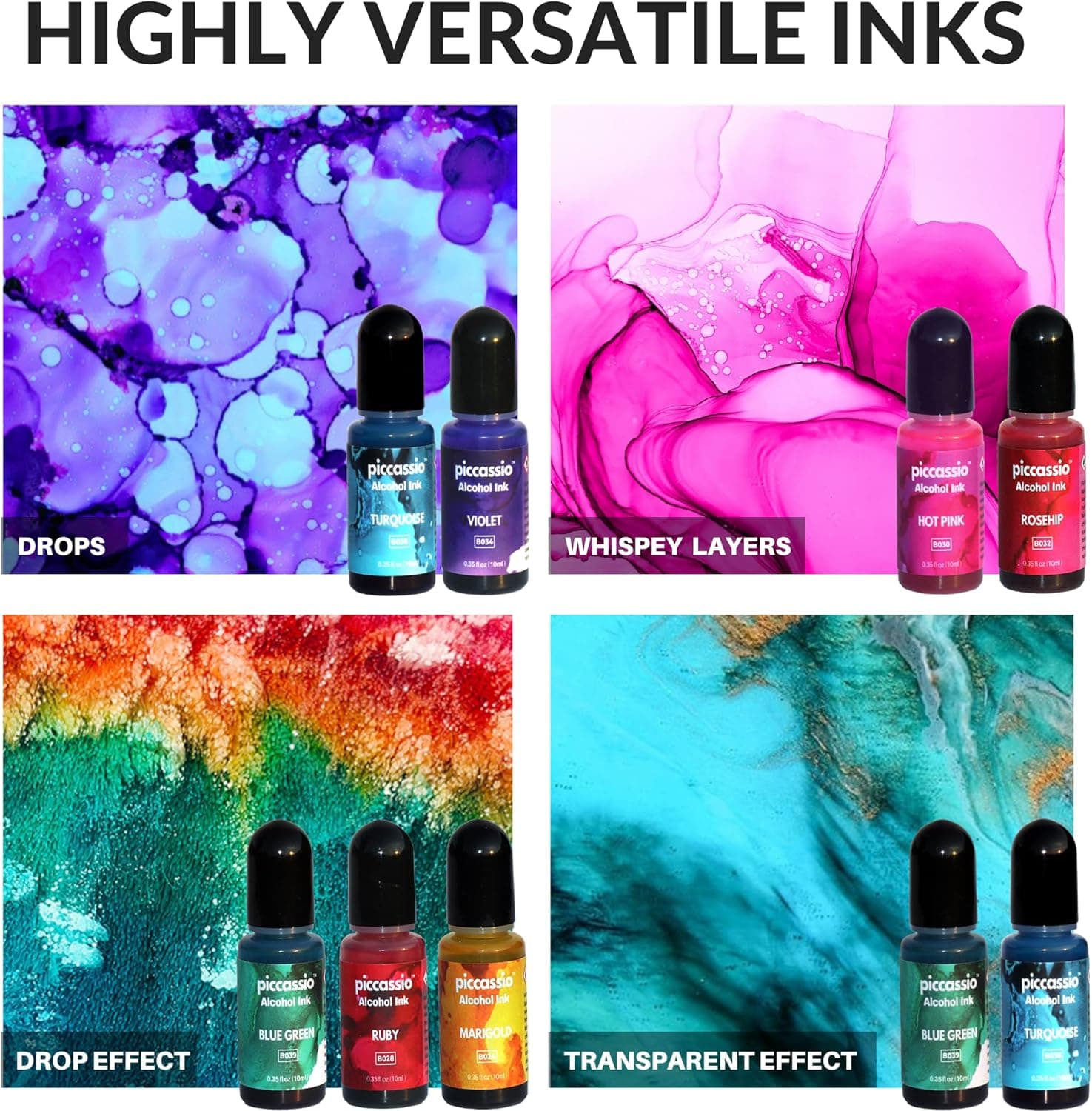 Alcohol Ink Set - New Improved Formula - 24 Highly Saturated, Fast-Drying, Permanent Inks for Epoxy Resin, Tumblers, Fluid Art Painting, Glass, Metal, and More ALC-1123 - Image 6