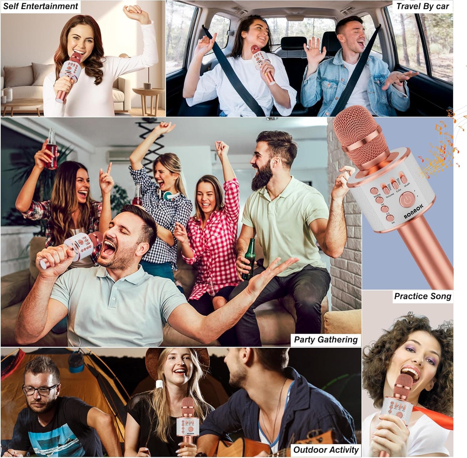 BONAOK Wireless Bluetooth Karaoke Microphone,3-in-1 Portable Handheld Karaoke Mic Speaker Machine Home Party Birthday for All Smartphones PC(Q37 Rose Gold) - Image 6