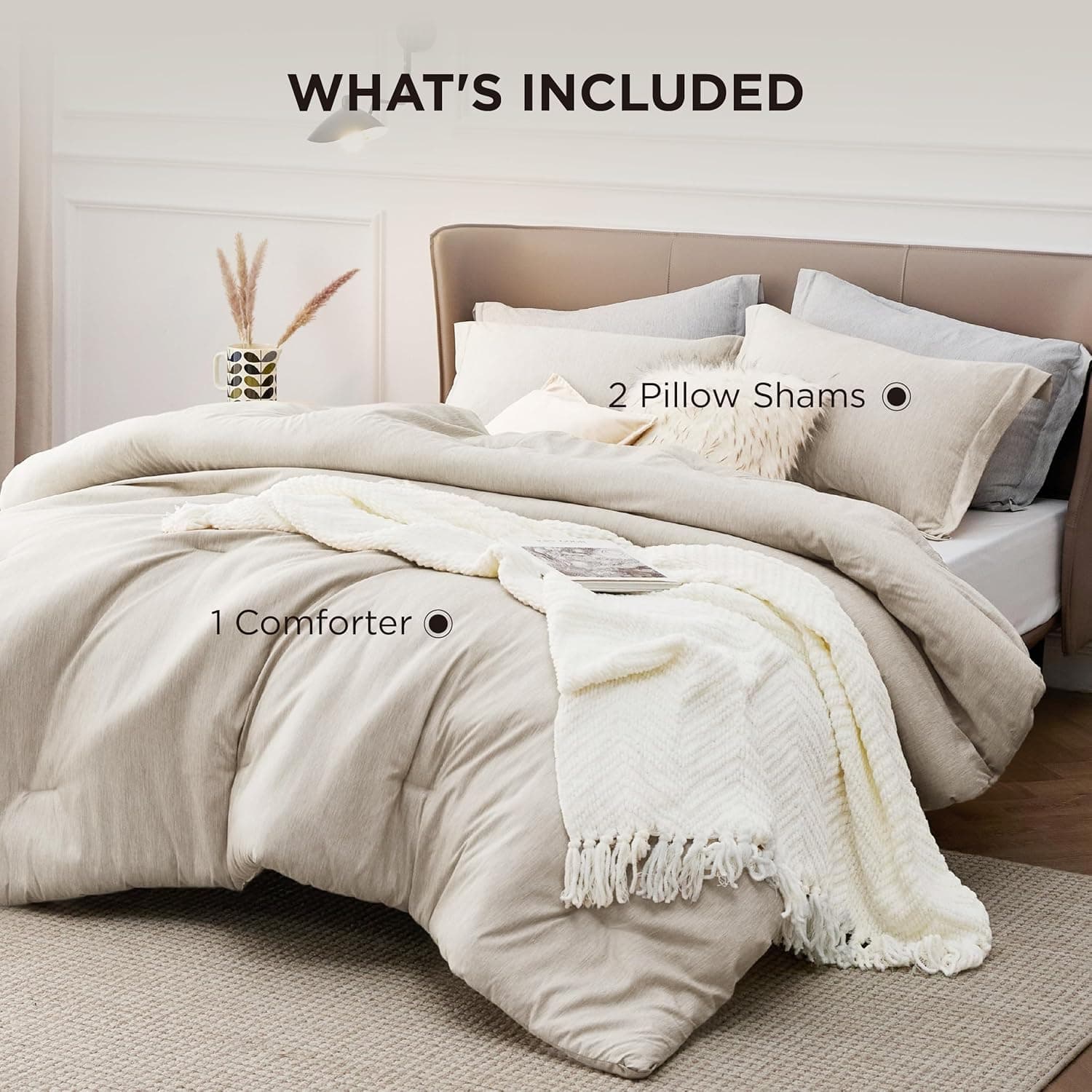 Bedsure Queen Comforter Set - Beige Soft Bedding for All Seasons, Cationic Dyed Bed Set, 3 Pieces, 1 Queen Size Comforter (90"x90") and 2 Pillow Shams (20"x26"+2") Queen 05 - Beige - Image 9