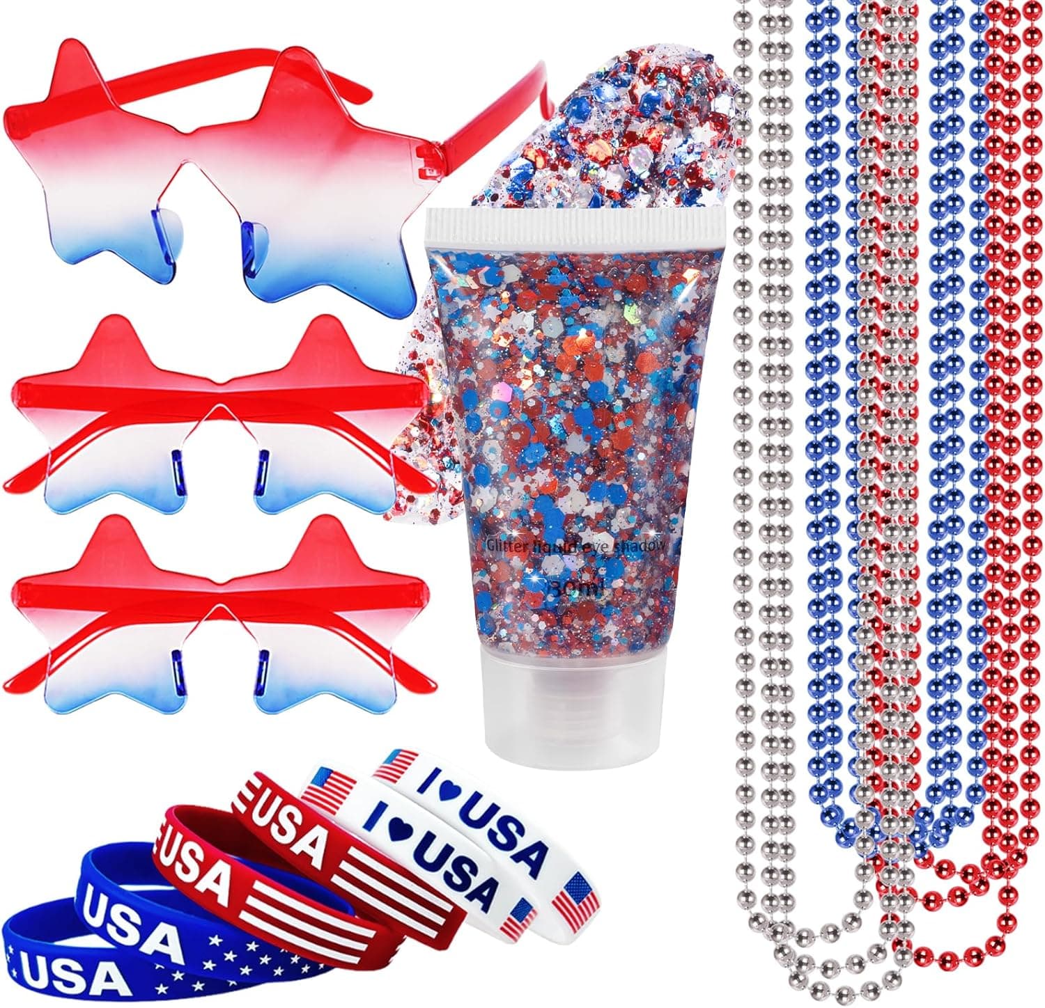Mysense 4th of July Outfits for Women,4th of July Accessories Set with Red White and Blue Body Glitter,3 USA Flag Sunglasses,9 Beaded Necklaces,6 Bracelets,Fourth of July Outfit Women Kids - Image 2