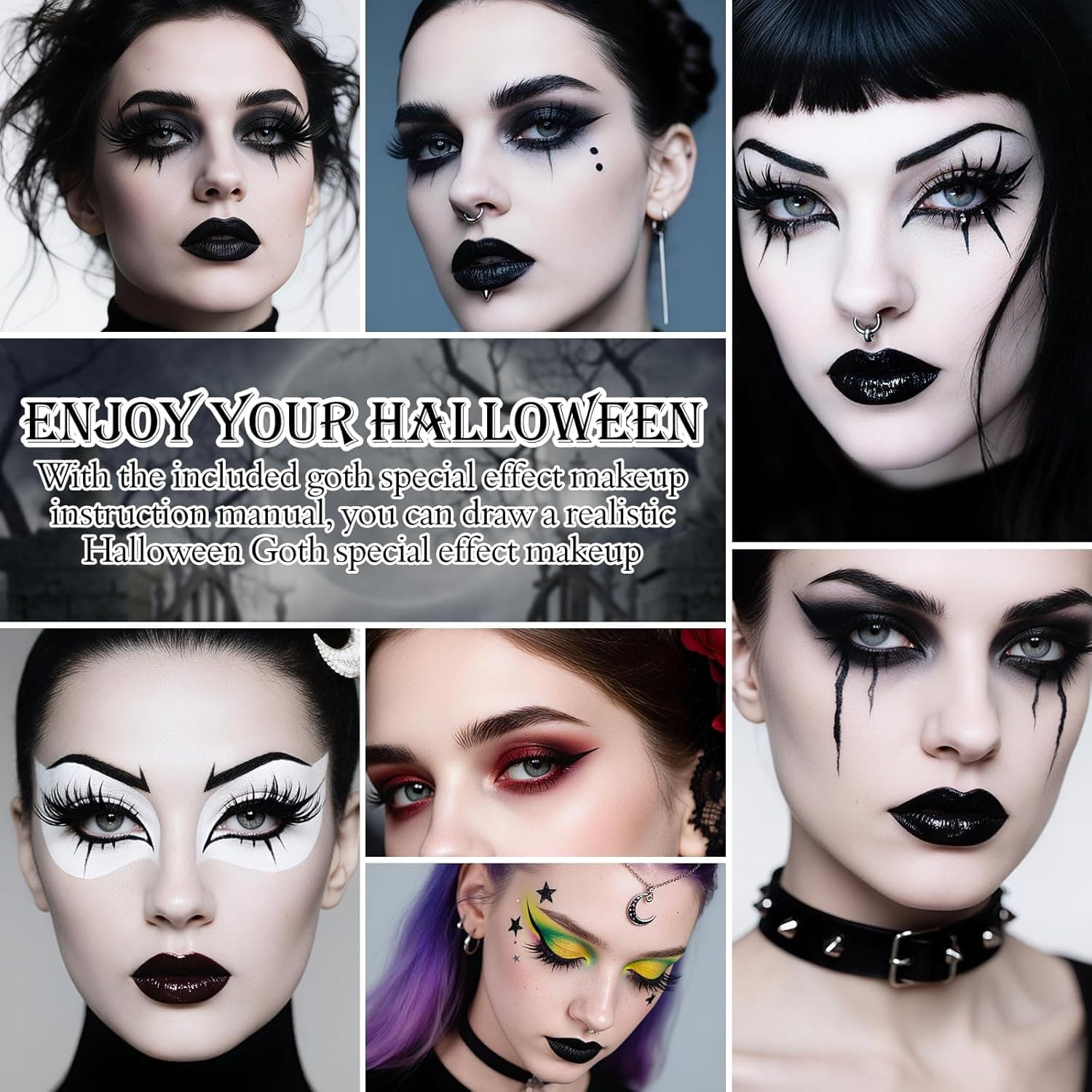 Halloween Goth SFX Makeup Kit, Complete Gothic Makeup Set Include White Liquid Foundation, Eyeliner, Setting Powder, Eyeshadow & Black Lipstick for Halloween Cosplay, Carnival, Theater - Image 8