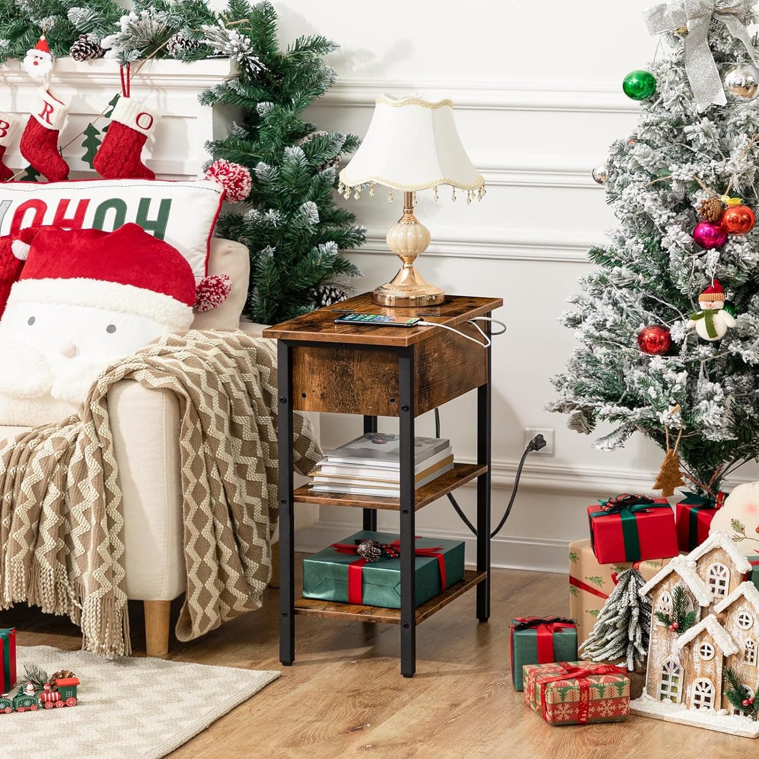 HOOBRO End Table with Charging Station, Narrow Side Table, Flip Top Nightstand with USB Ports and Outlets, Bedside Tables with Shelf for Small Spaces, Living Room, Rustic Brown BF341BZ01 1 Rustic Brown + Black - Image 6