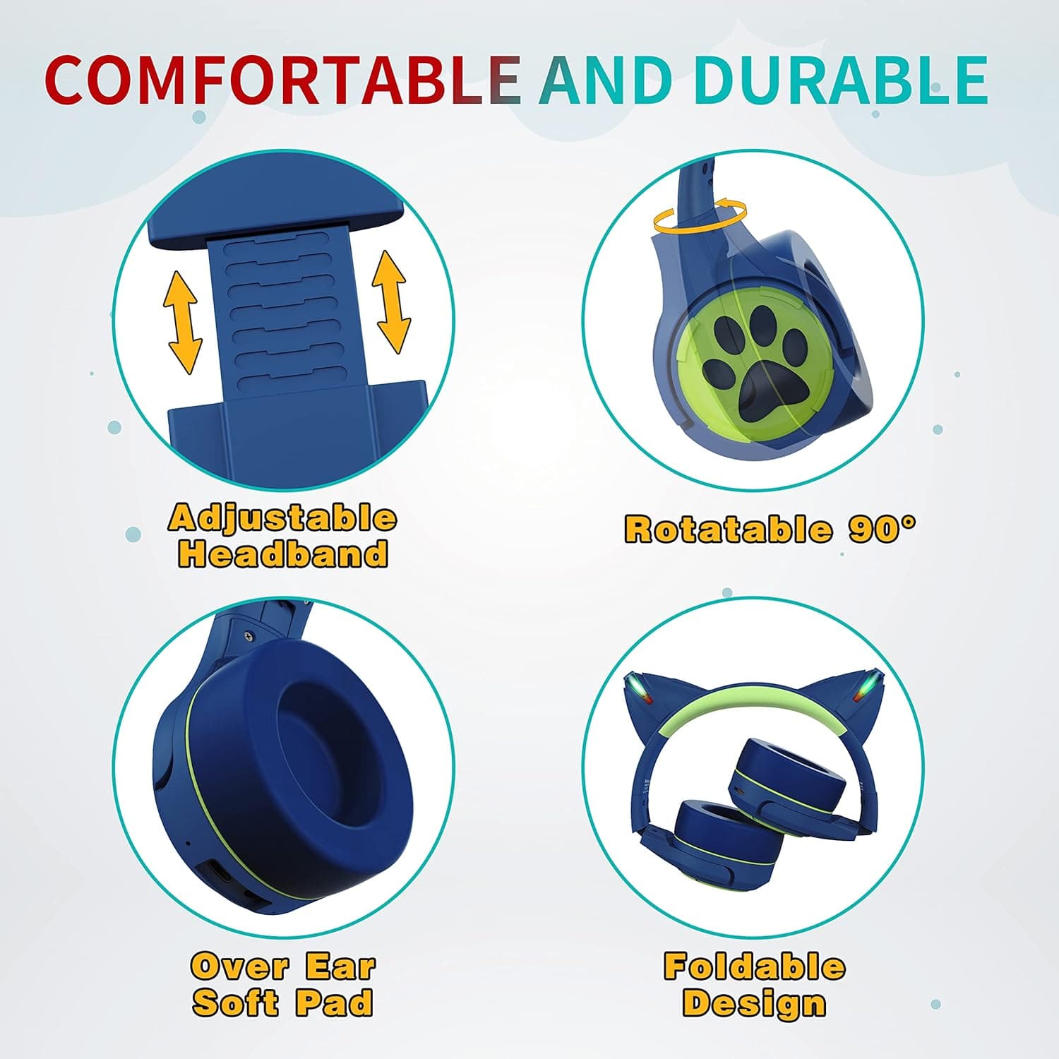 Riwbox CF9 Cat Ear Kids Bluetooth Headphones with LED Light Up,Safe 85dB Volume Limit,Built-in Mic&Boom Mic for Calls,Kids Wireless&Wired Headphones for Tablet/Airplane/School/Online Learning(Blue) - Image 5