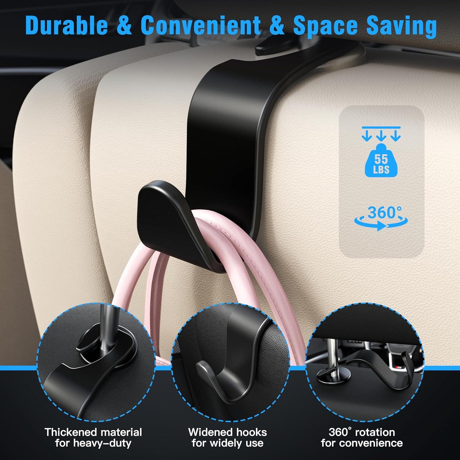 Amooca Car Seat Headrest Hook 4 Pack Hanger Storage Organizer Universal for Handbag Purse Coat fit Universal Vehicle Car Black S Type - Image 5
