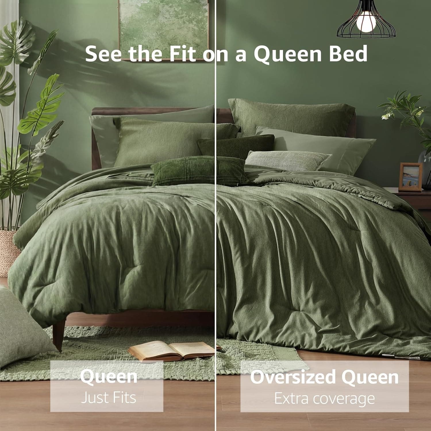 Monbix Queen Comforter Set - 7 Pieces Cationic Dyeing Olive Green Bed in a Bag Queen Bedding Sets with Comforter, Sheets, Pillowcases & Shams, Reversible Bedding Comforters Sets Olive Green 7Piece-Queen(90”X90'') - Image 3