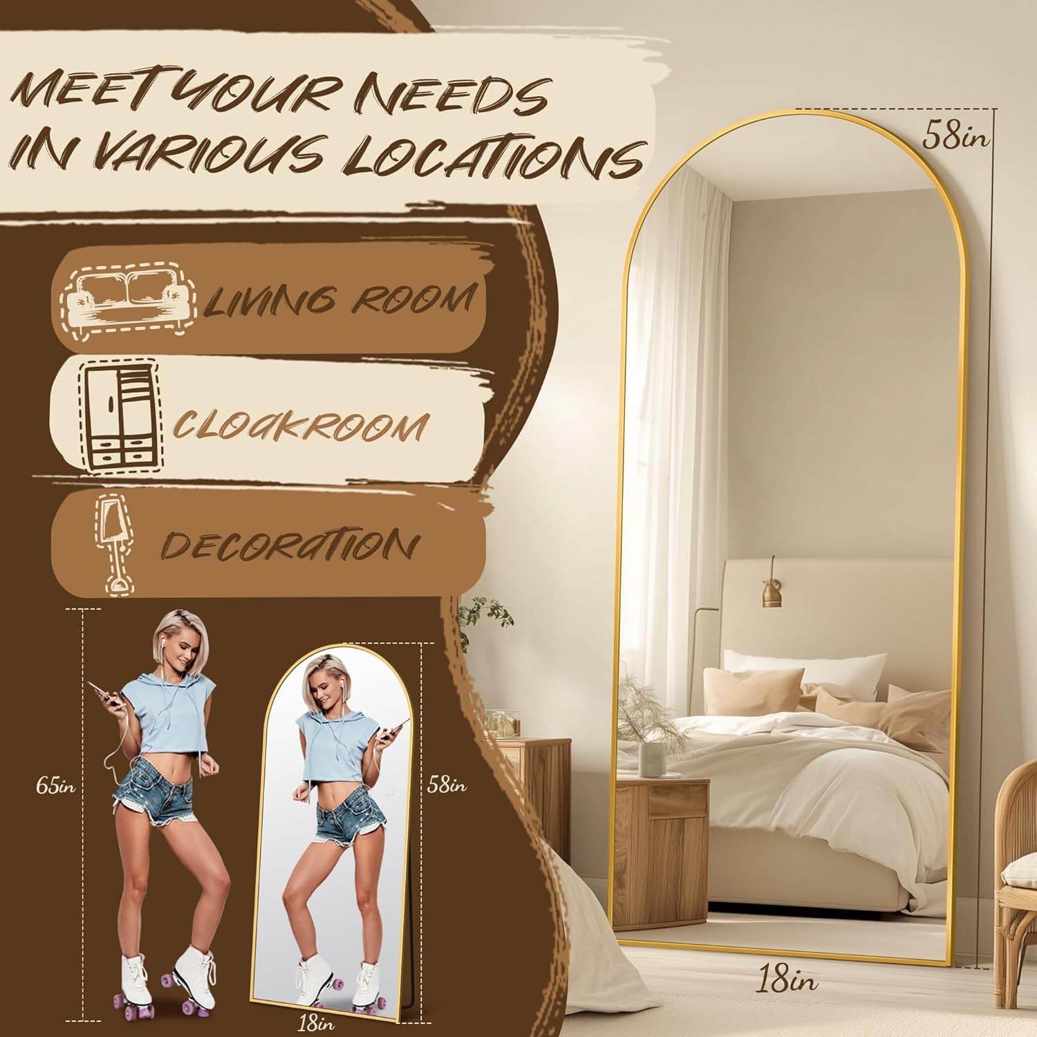 Antok Full Length Mirror, 58"x19" Floor Mirror, Arched Floor Standing Freestanding Arch Full Body Mirrors with Stand for Bedroom, Hanging Mounted for Living Room Cloakroom,Gold Gold 58"L x 19"W - Image 8