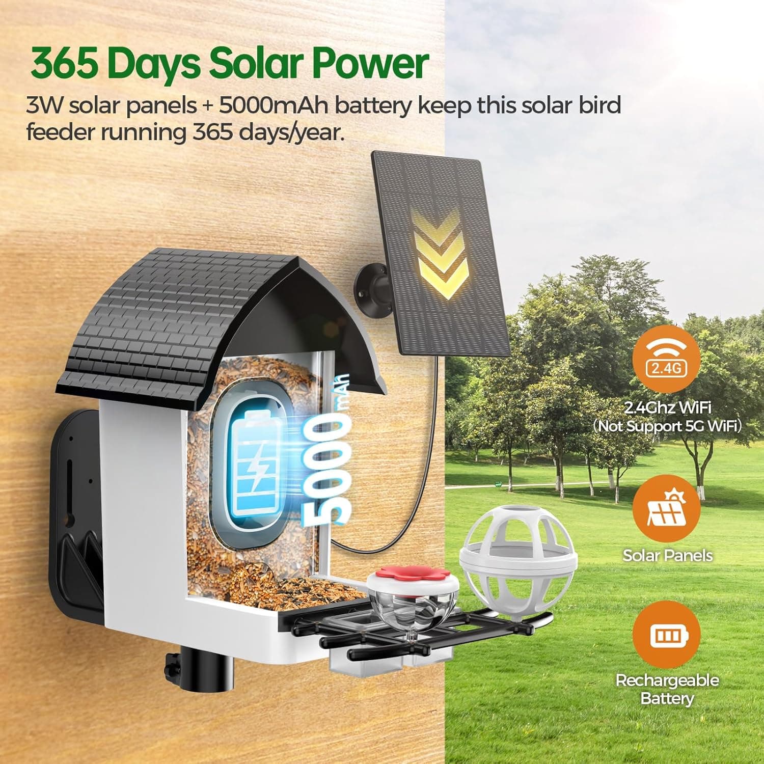 Smart Bird Feeder with Camera - 2K HD Live View, AI Identification & Instant Alerts, Weatherproof for Outdoors, 2.4GHz WiFi Solar Powered Smart Feeder for Bird Lovers - Image 5