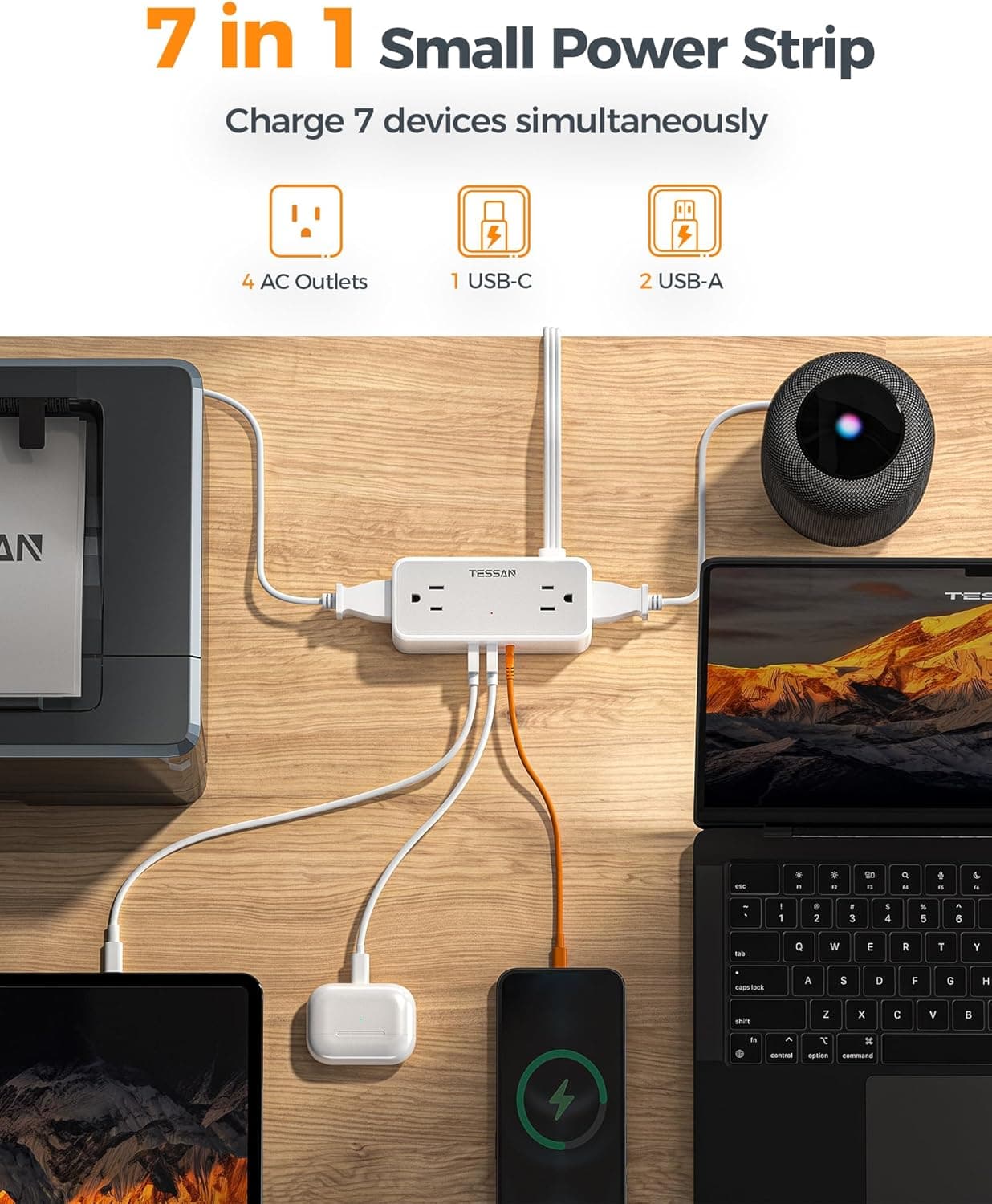 TESSAN Flat Plug Extension Cord 5 FT, Surge Protector Power Strip with 4 AC Outlets 1 USB C and 2 USB A Ports, 900 Joules Protection, 1250W, Multiple Wall Outlet Extender Suitable for Home Office Dorm 5 FT (1 USB-C, 2 USB-A) Gray - Image 2