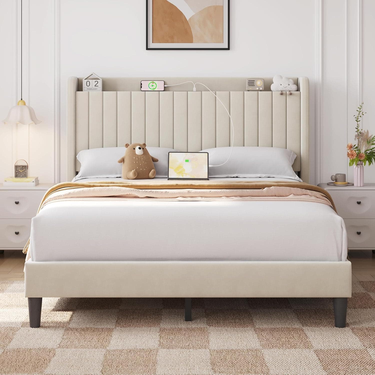 Yaheetech Queen Bed Frame with USB Charging Station and Storage Shelf/Upholstered Headboard Platform Bed with Wing Side/Wooden Slats Support/Noise Free/No Box Spring Needed/Easy Assembly, Beige Beige Queen - Image 2