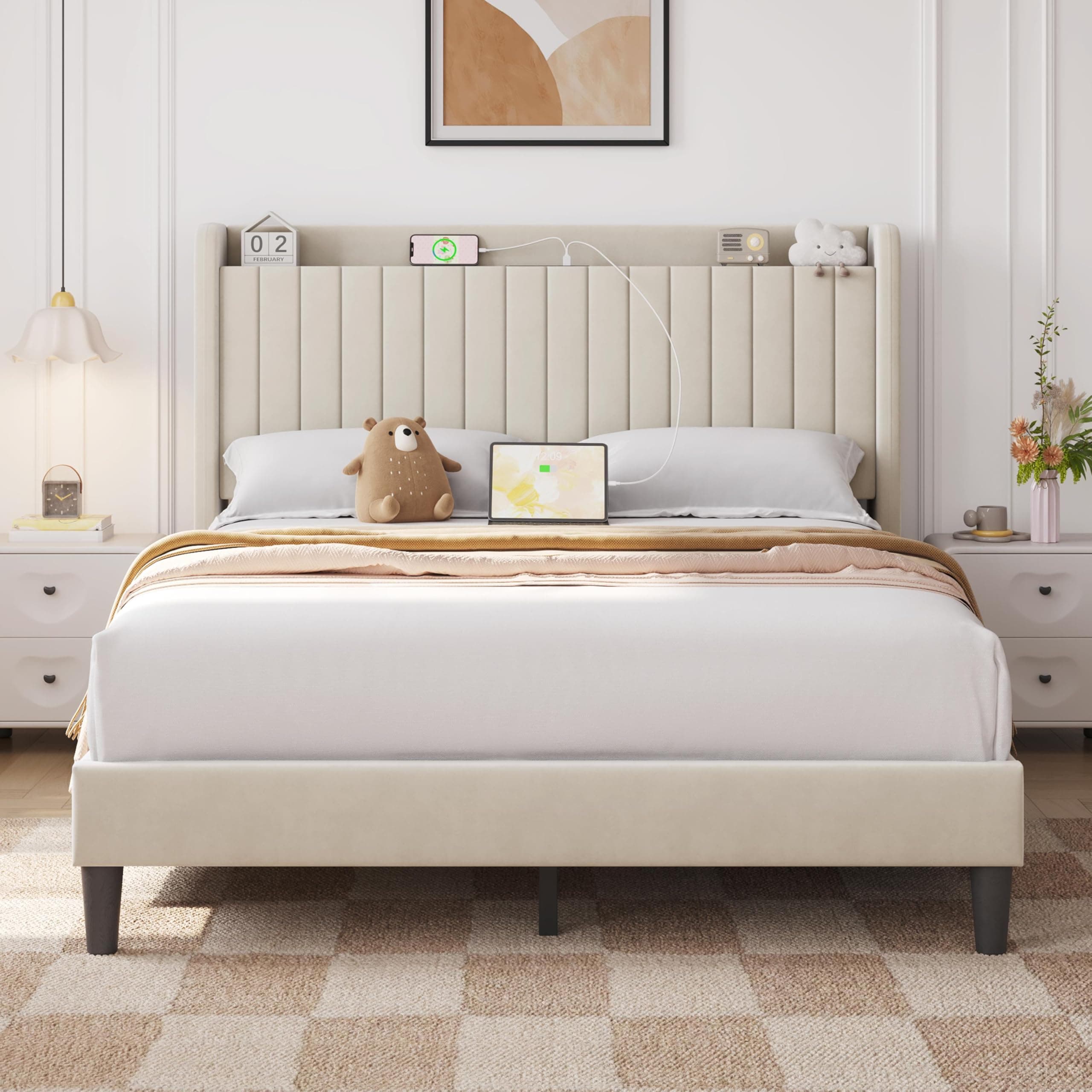 Yaheetech Queen Bed Frame with USB Charging Station and Storage Shelf/Upholstered Headboard Platform Bed with Wing Side/Wooden Slats Support/Noise Free/No Box Spring Needed/Easy Assembly, Beige Beige Queen