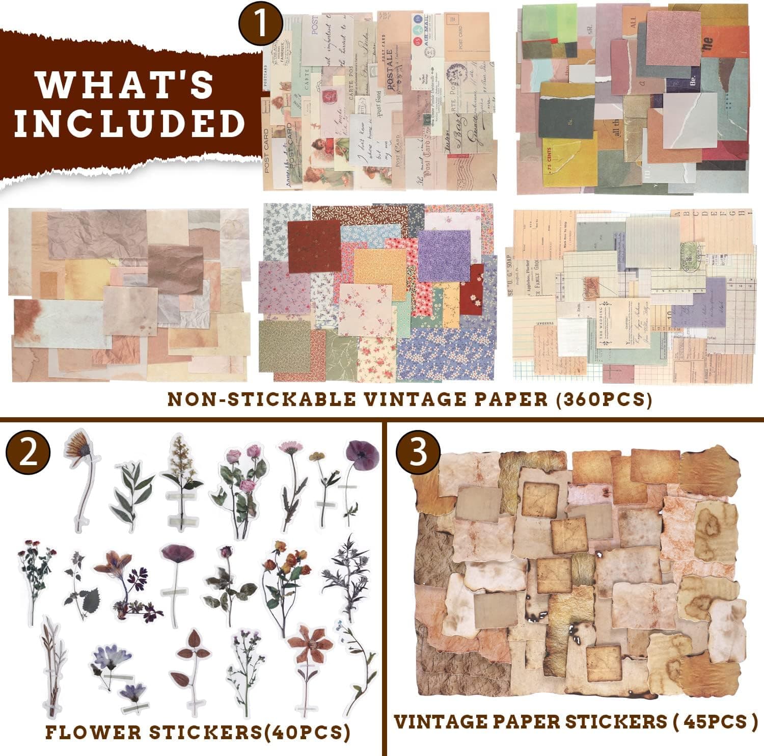 445 PCS Vintage Scrapbook Paper Journaling Scrapbooking Supplies Kit Aesthetic Decorative Craft Paper include 40 Sheet Flowers Stickers for Planner, Bullet Journaling, Junk Journal, Retro Crafts Vintage-445PCS - Image 7