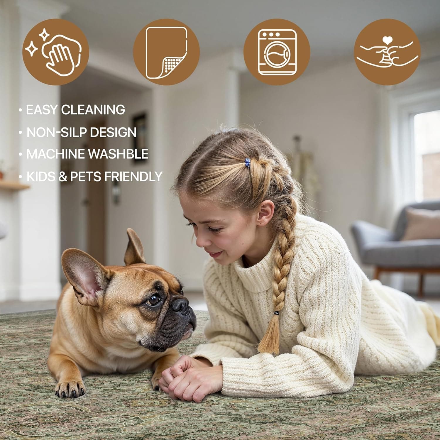 8x10 Area Rug Machine Washable Boho Rug for Living Room,Ultra-Thin Low Pile Carpet,Lightweight Indoor Printed Rug,Non Slip Floral Area Rug for Bedroom, Dining Room, Home Office,Sage Sage 8' x 10' (Rectangular) - Image 6