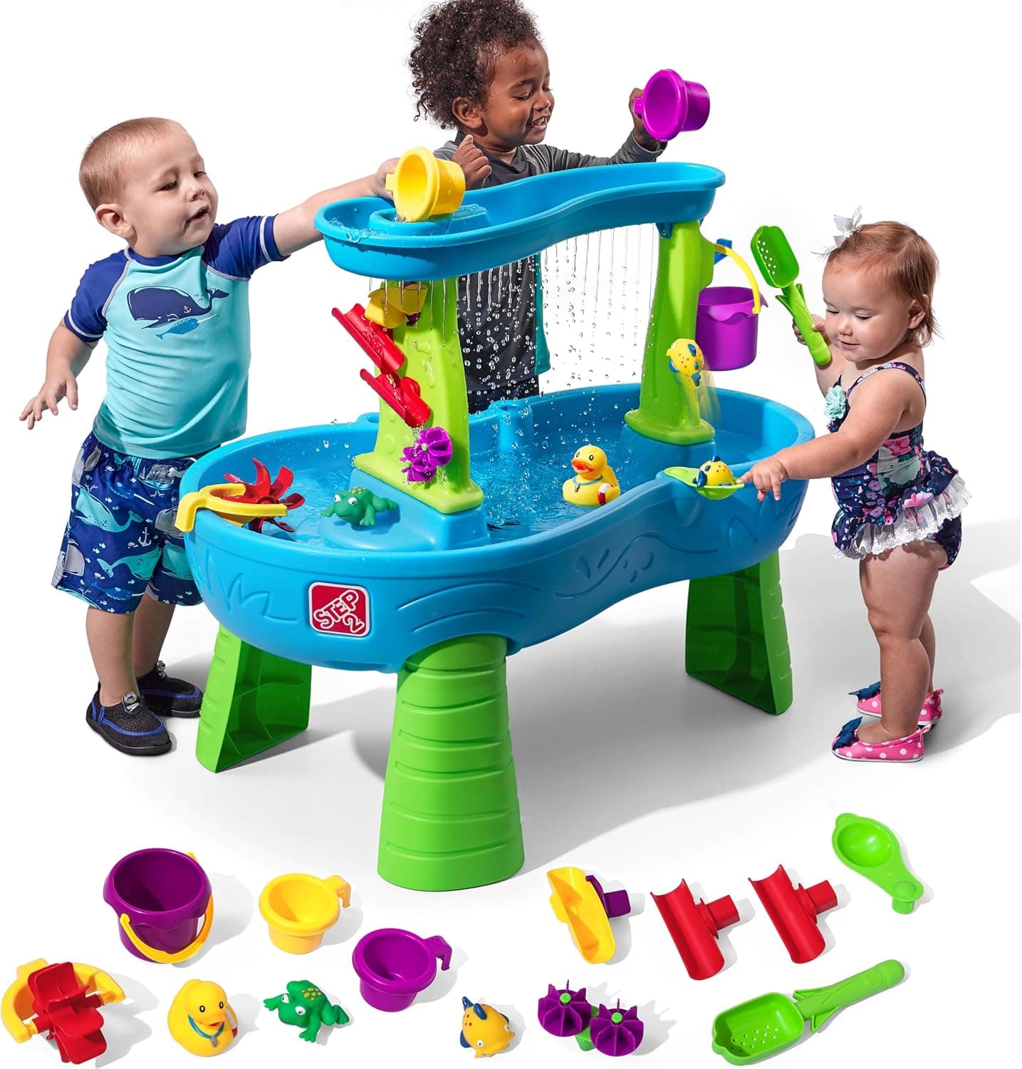 Step2 Rain Showers Splash Pond Water Table, Kids Water and Sand Activity Sensory Playset, Summer Outdoor Toys, 13 Piece Water Toy Accessories, For Toddlers 1.5+ Years Old, Blue & Green - Image 2
