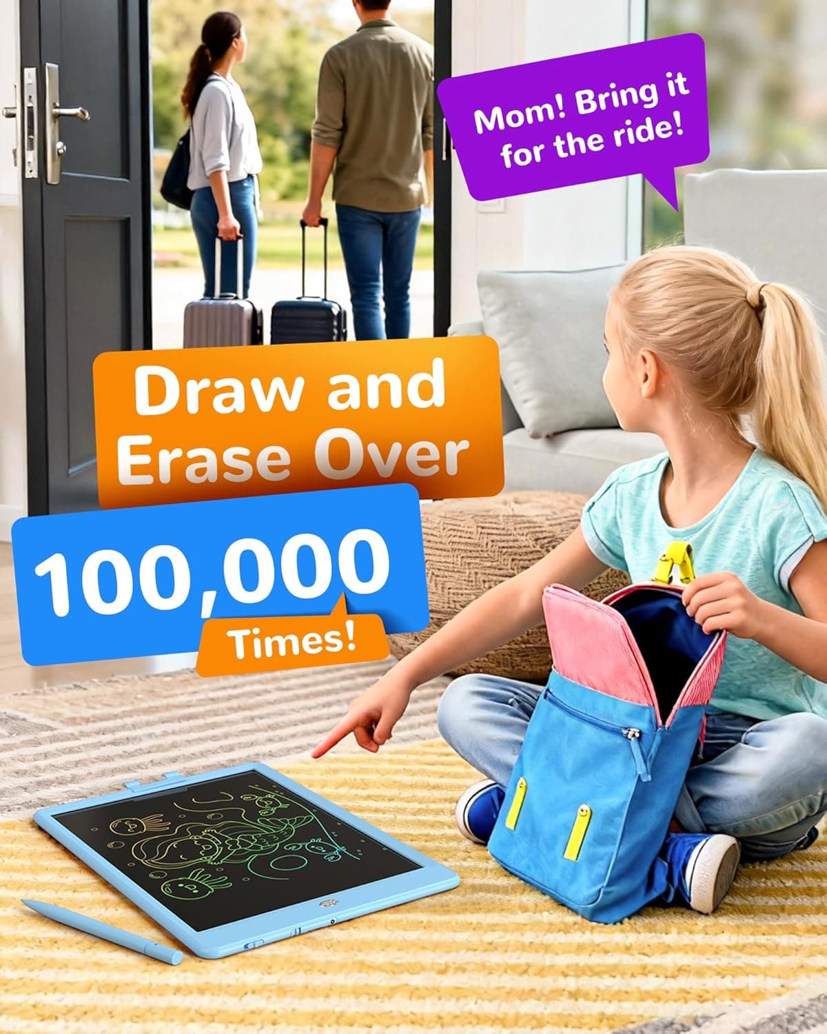 Tablette d'écriture LCD KOKODI, Cadeaux pour garçons et filles de 3 ans, Tableau de dessin coloré de 10 pouces, Tablettes de dessin électroniques effaçables et réutilisables, Jouets éducatifs et d'apprentissage pour enfants Bleue 10in - Image 6