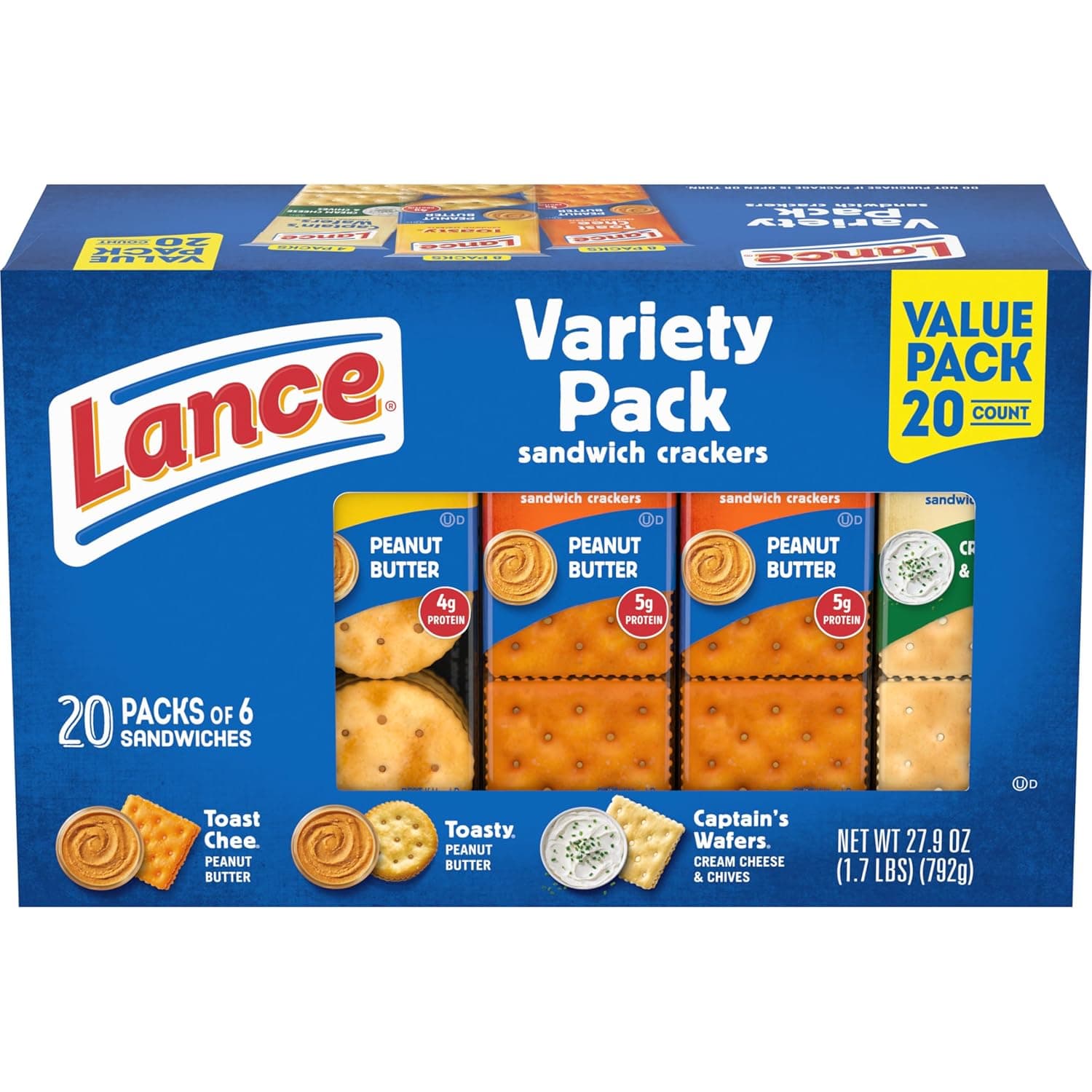 Lance Sandwich Crackers, Variety Pack, 3 Flavors, 20 Individually Wrapped Packs, 6 Sandwiches Each Variety Pack 1.4 Ounce (Pack of 20) - Image 2