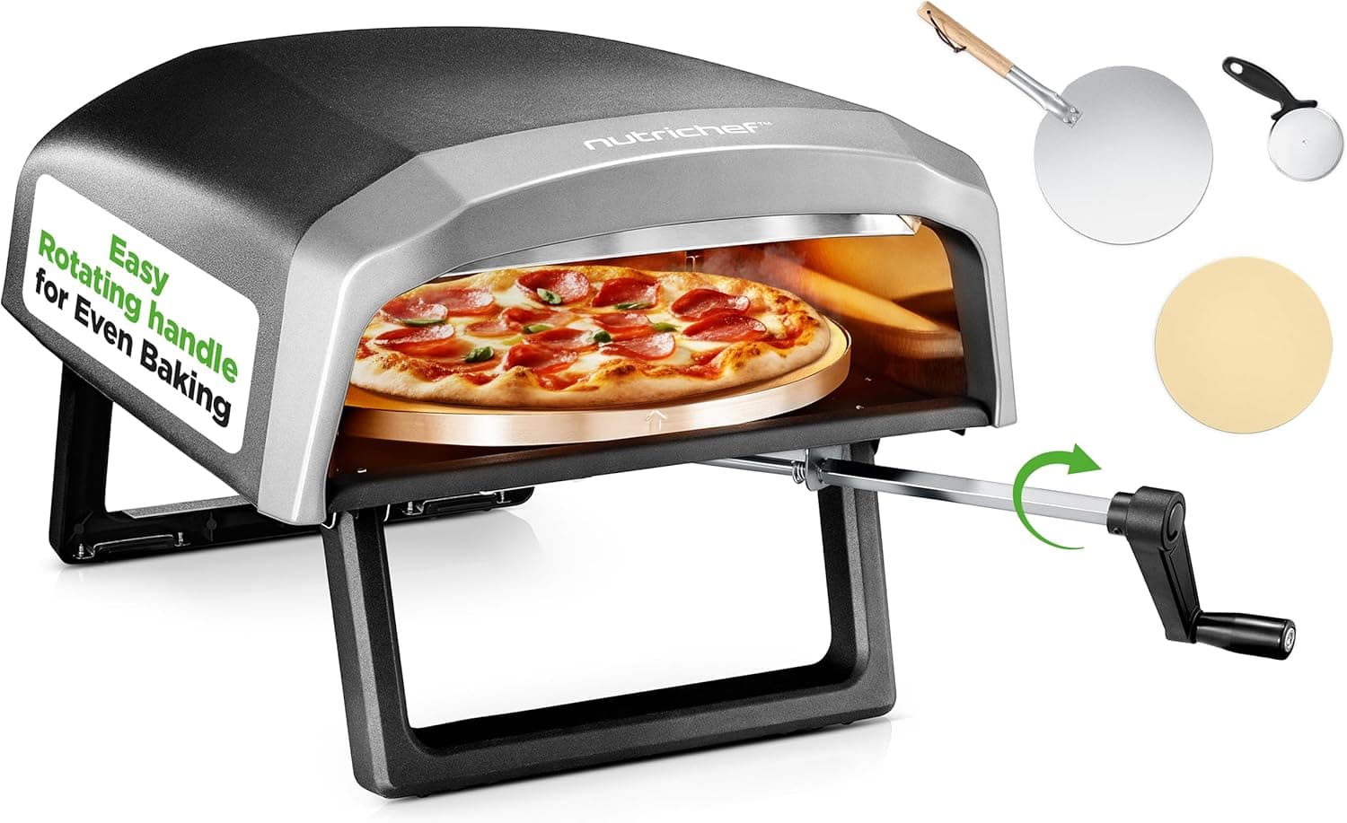Nutrichef Outdoor Pizza Oven - Manual 360° Rotating Pizza Stone - Adjustable Heat - Includes Pizza Peel, Pizza Cutter, Stone, Cover, & Hose - Cook 12" Pizza in 60 Seconds - Long Handle - Image 2