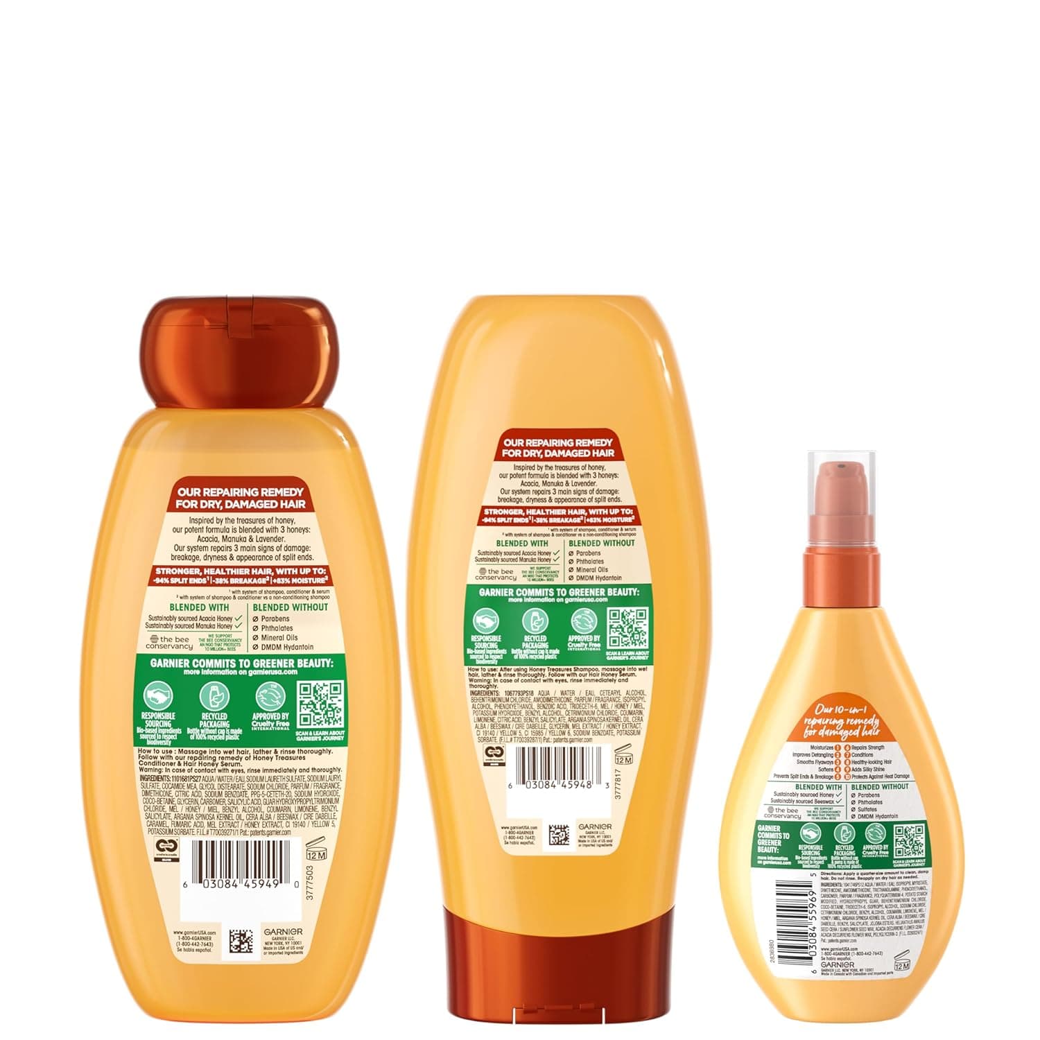 Garnier Whole Blends Honey Treasures Repairing Shampoo, Conditioner + Miracle Nectar Leave-In Set for Dry, Damaged Hair (3 Items), 1 Kit (Packaging May Vary) Honey 30 Fl Oz (Pack of 1) - Image 11