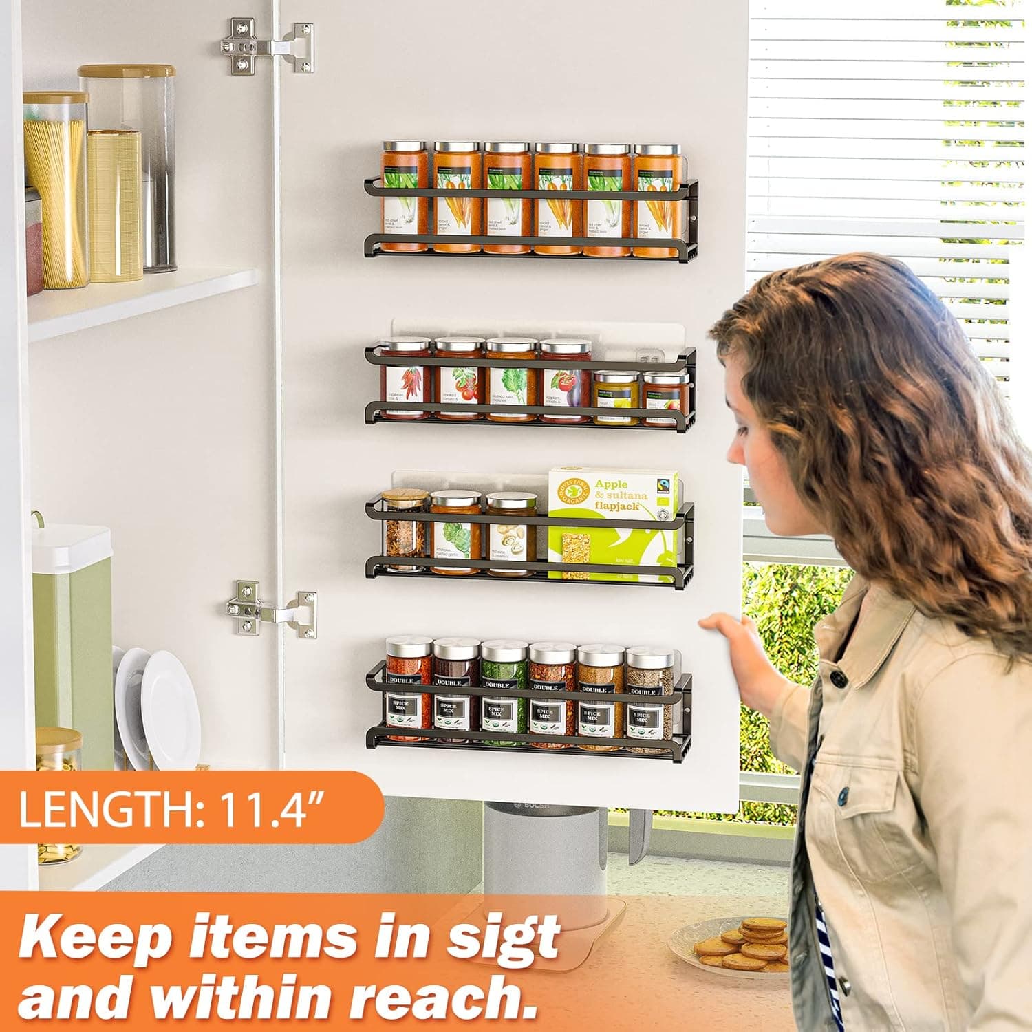 Spice Rack Wall Mounted 4 Pack,Space-Saving Spice Organizer for Spice Jars and Seasonings,Screw or Adhesive Hanging Spice Rack Organizer for Your Kitchen Cabinet,Pantry Door,11.41x2.75x2.75in 4Pack Black - Image 3