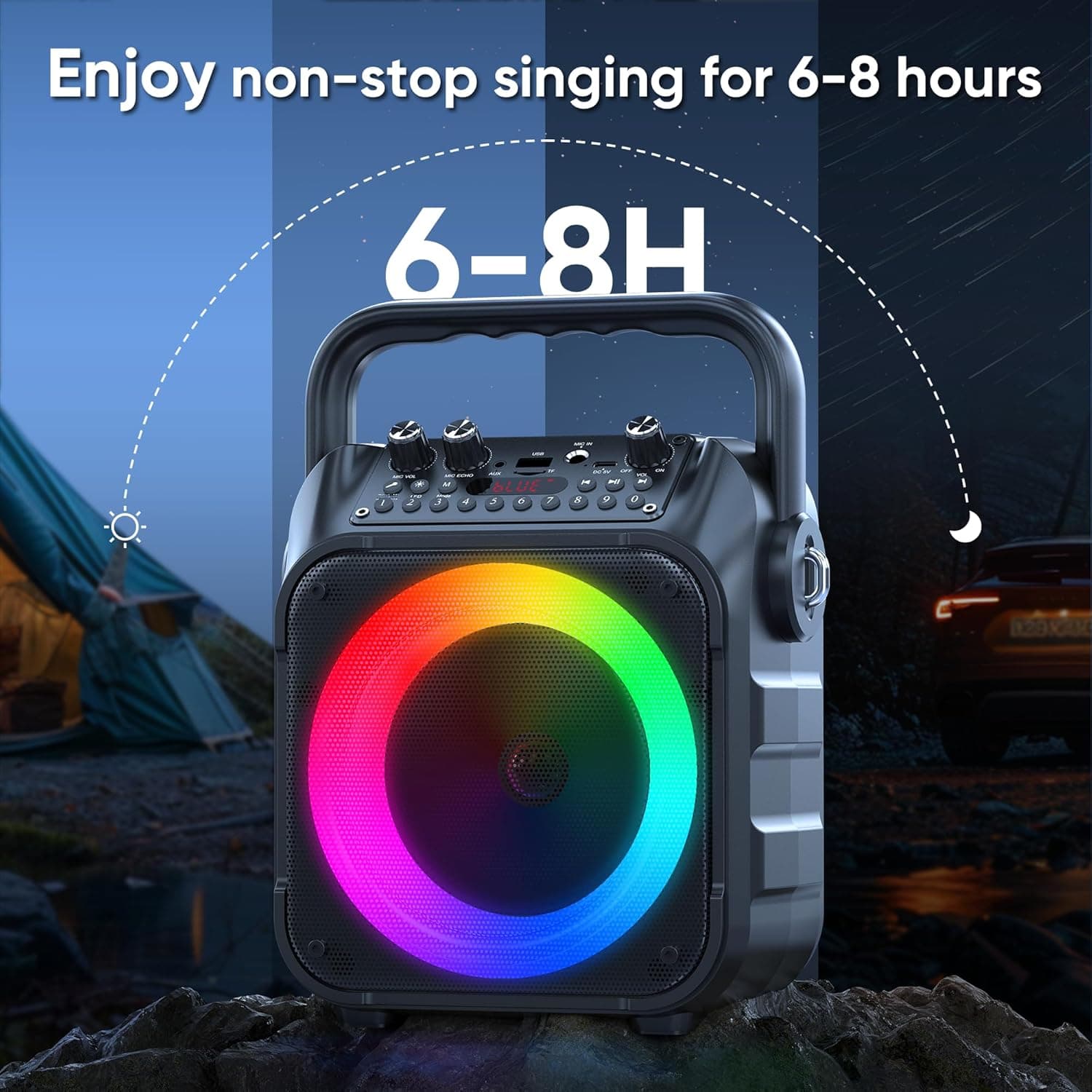 Karaoke Machine, Portable Bluetooth Speaker with 2 Wireless Microphones for Adults & Kids with Lights, Karaoke Microphone with PA System Supports USB/TF/FM/AUX for Home Party Home System Packages Black - Image 8
