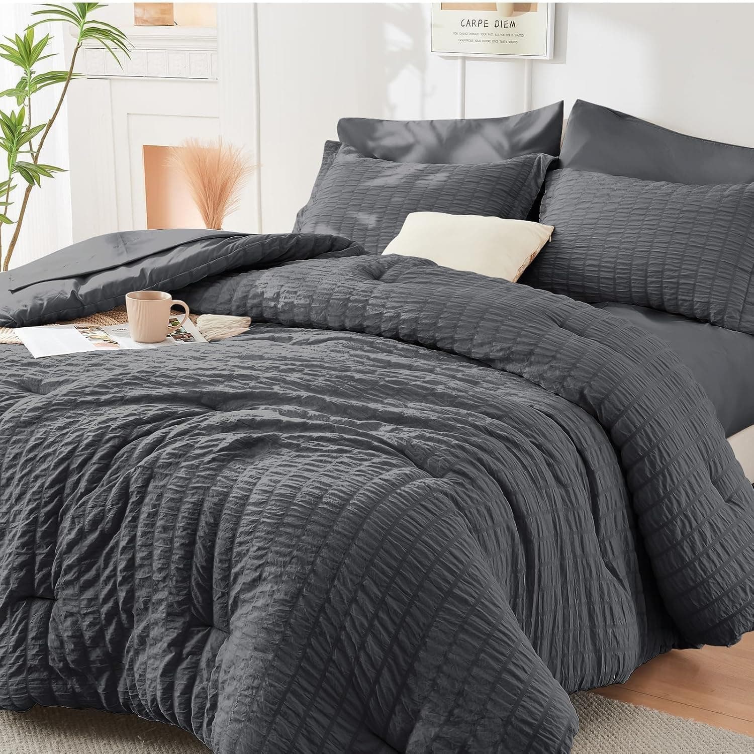 HYMOKEGE Queen Comforter Set Seersucker 7 Pieces, All Season Luxury Bed in a Bag for Bedroom, Bedding Set with Comforters, Sheets, Pillowcases & Shams, Dark Grey Queen(88"x 88") Dark Grey - Image 2