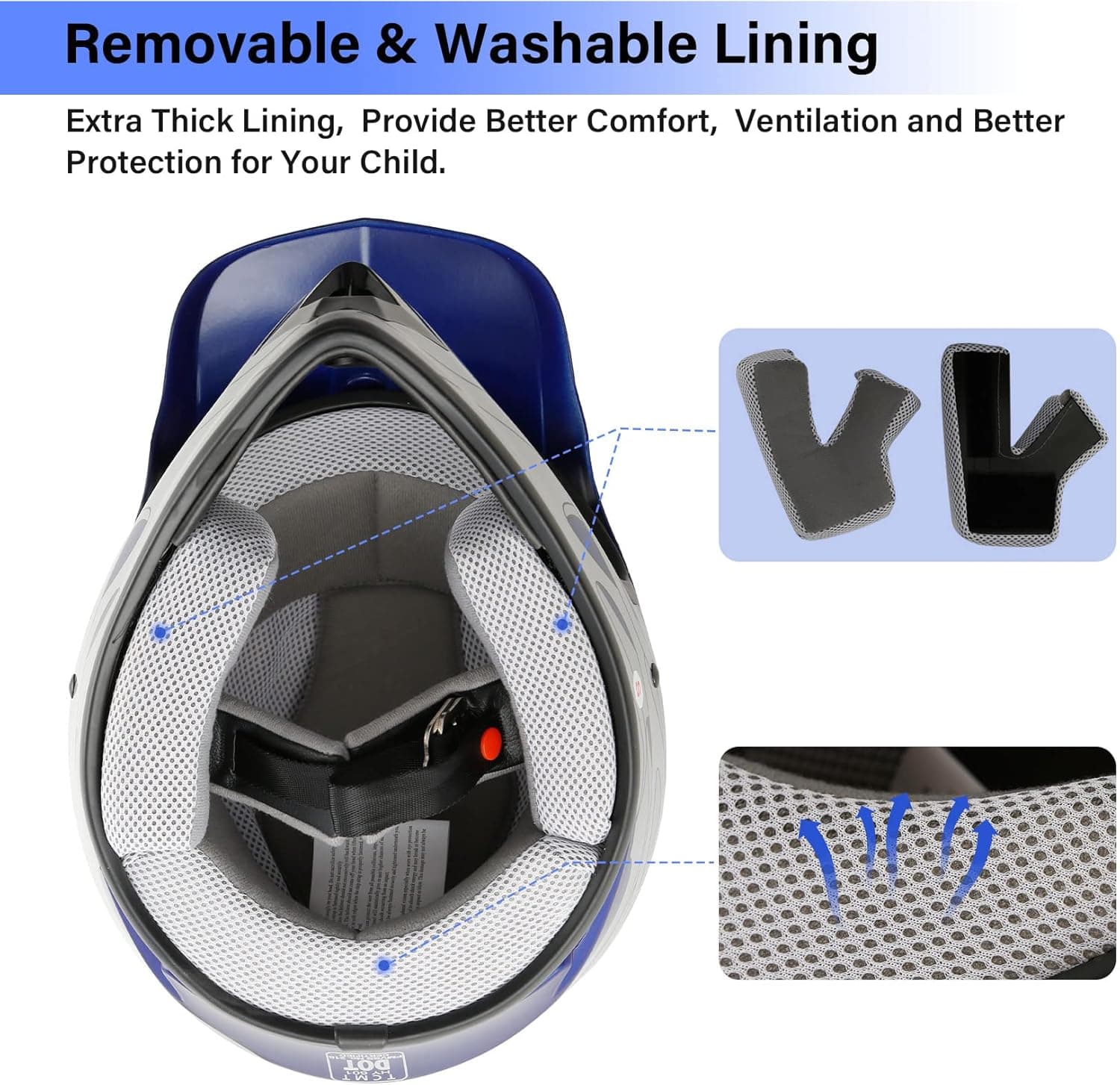 XFMT DOT Casco para Niños Motocross Full Face para Off-Road ATV, Moto Callejera, Cuatrimoto con Gafas y Guantes, Llama Azul Mediano - Image 3