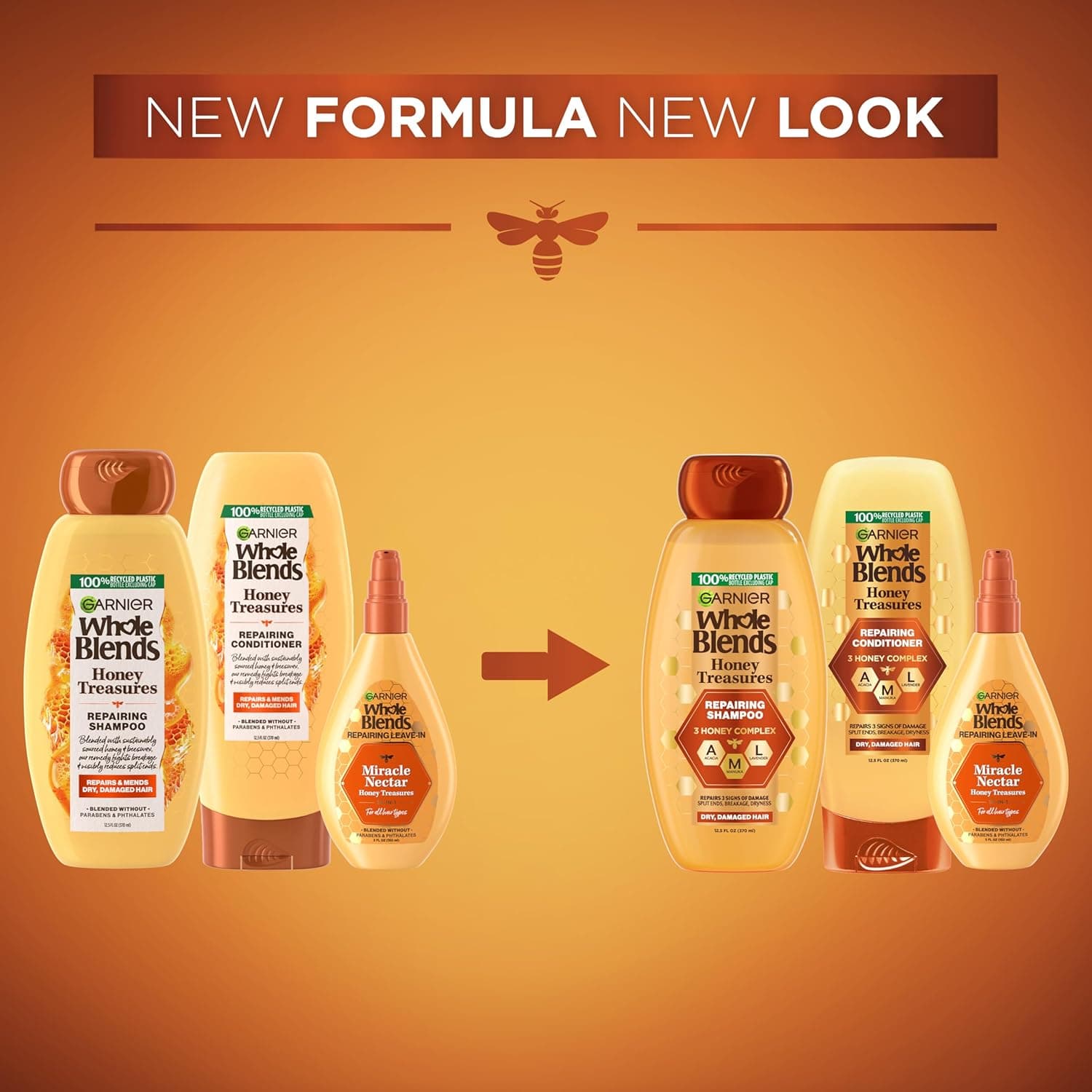 Garnier Whole Blends Honey Treasures Repairing Shampoo, Conditioner + Miracle Nectar Leave-In Set for Dry, Damaged Hair (3 Items), 1 Kit (Packaging May Vary) Honey 30 Fl Oz (Pack of 1) - Image 3