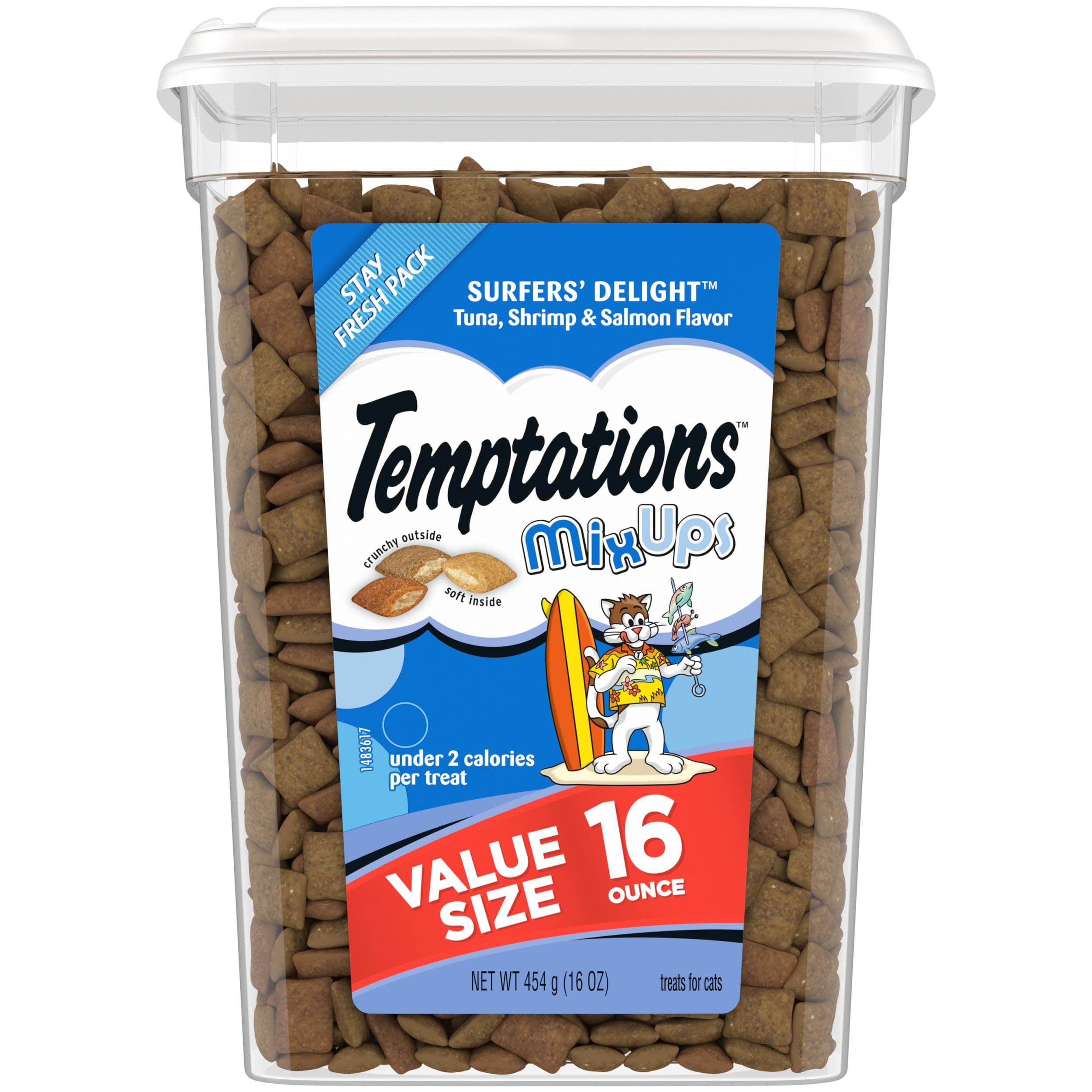 Temptations MixUps Surfer's Delight Flavor Crunchy and Soft Cat Treats, 16 oz. Tub Tuna, Shrimp, Salmon 1 Pound (Pack of 1)