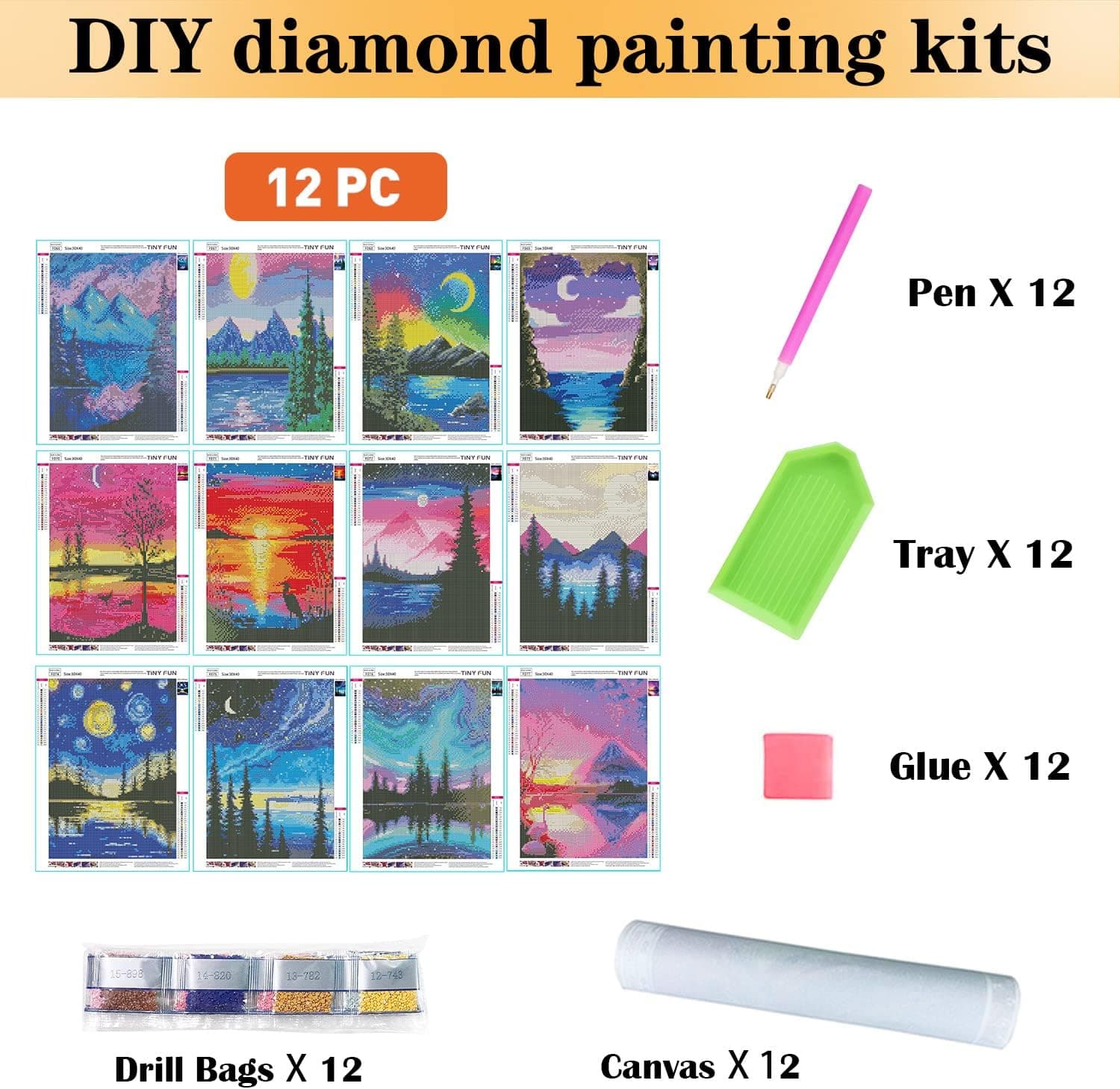 TINY FUN 12 Pack Diamond Painting Kits for Adults 5D Diamond Art Kit Paint by Number for Beginners, DIY Paint with Round Full Drill Diamonds Paintings Gem Art for Home Wall Decor Gift (12X16 Inch - Image 4