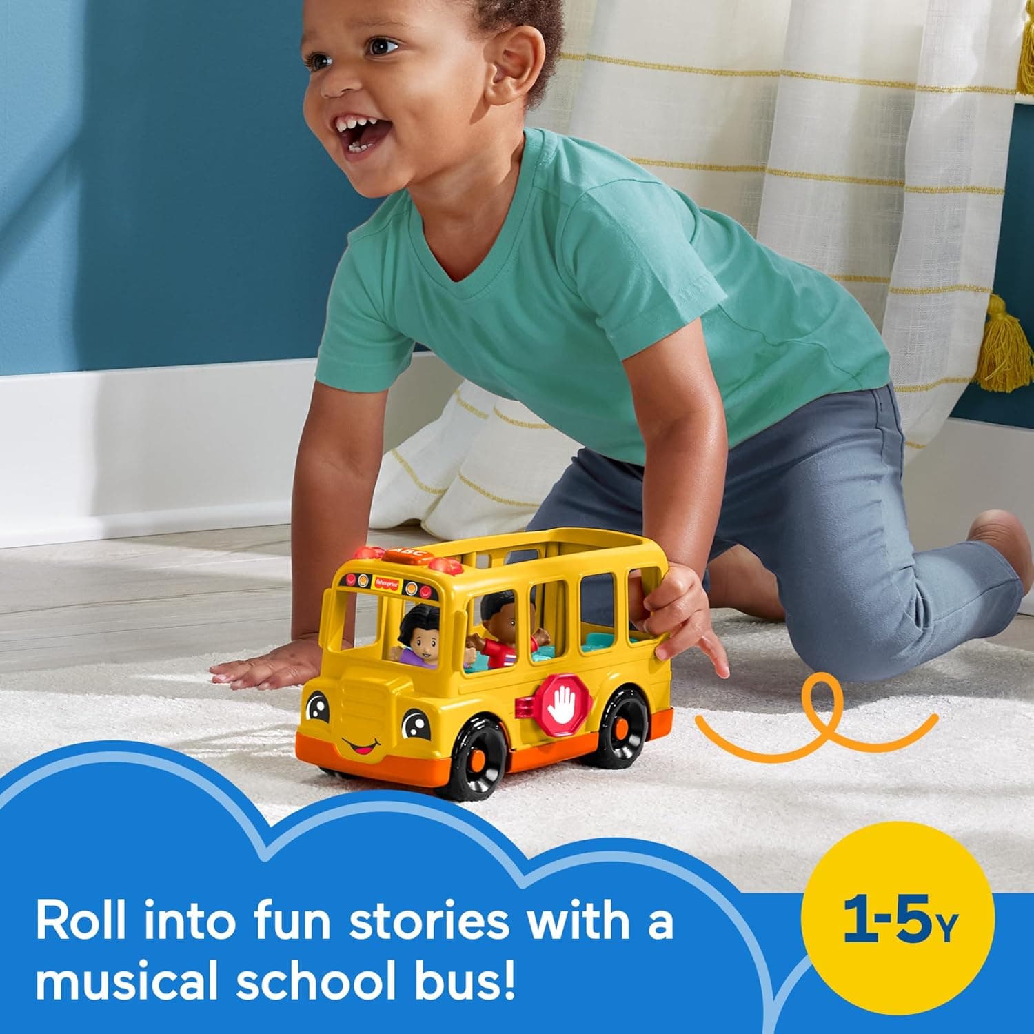 Fisher-Price Little People Toddler Toy School Bus Musical Push-Along Vehicle with 2 Figures for Pretend Play Ages 1+ Years - Image 3