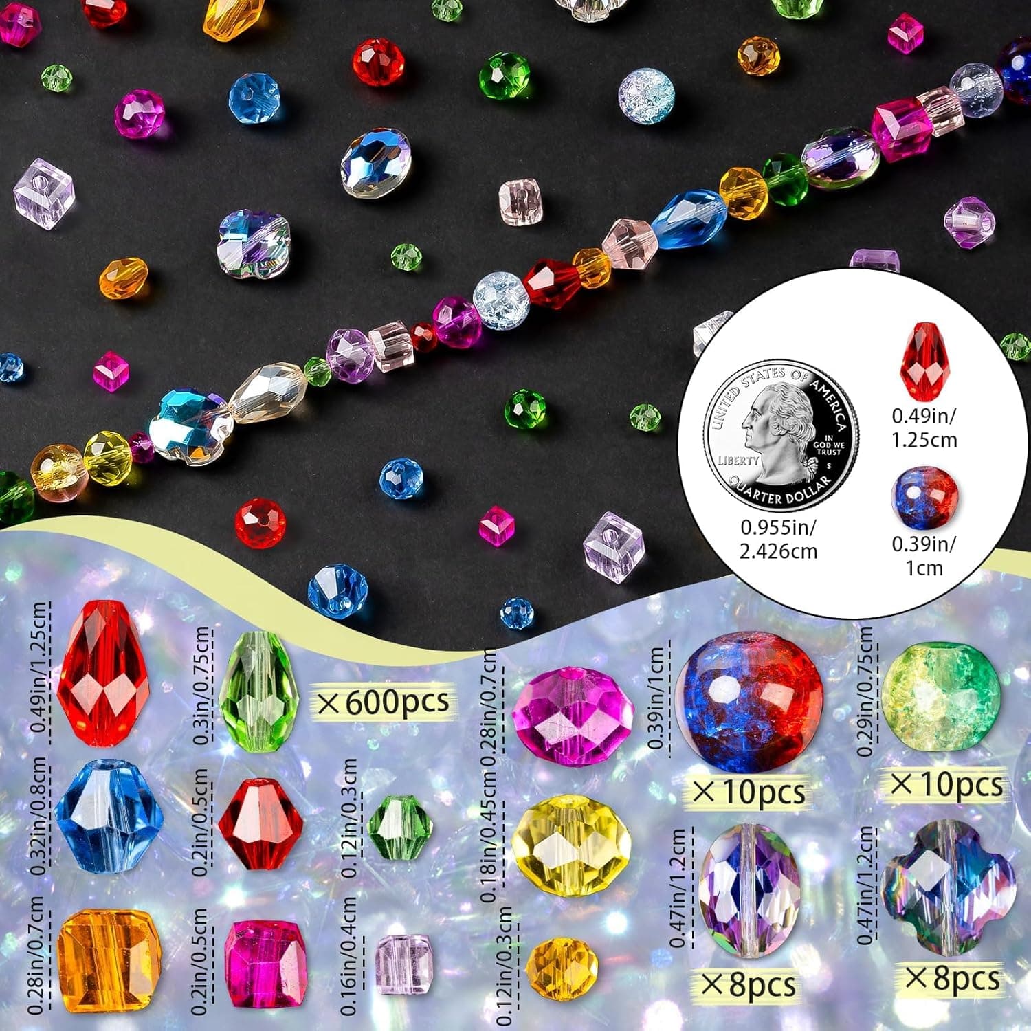 OuMuaMua 636pcs Glass Beads for Jewelry Making, Loose Sparkly Beads Hole Drilled DIY for Bracelets Craft Earrings Making, Colorful Rainbow Crystal Beads Colorful Rainbow Crystal Beads 636pcs - Image 4