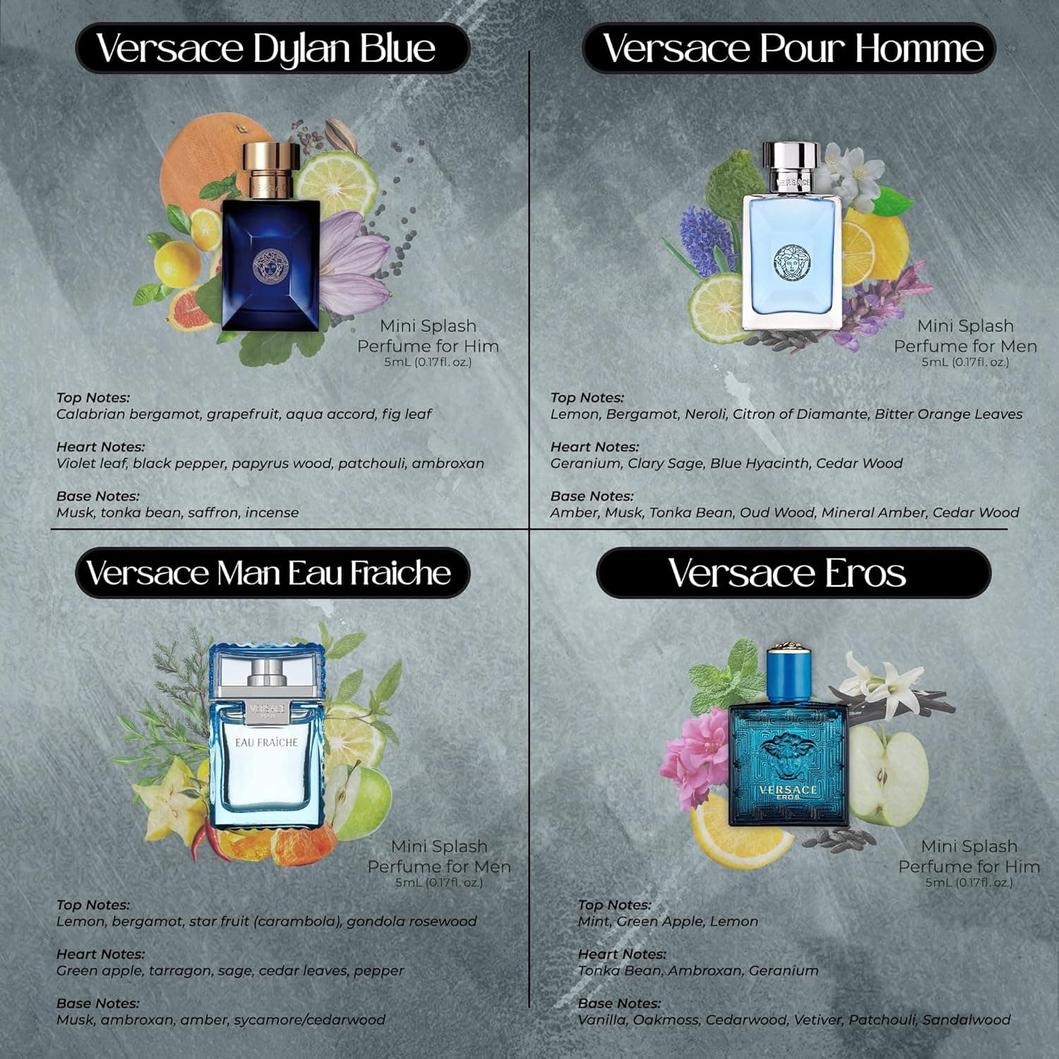 Set de 4 Mini Eros, Pour Homme, Dylan Blue, Eau Fraiche de Versace para Hombres - Muestras de Fragancia de Colonia para Hombres (4 Contenido, 0.17 oz) Eros, Pour Homme, Dylan Blue, Eau Fraiche 0.17 Fl Oz (Paquete de 4) - Image 4