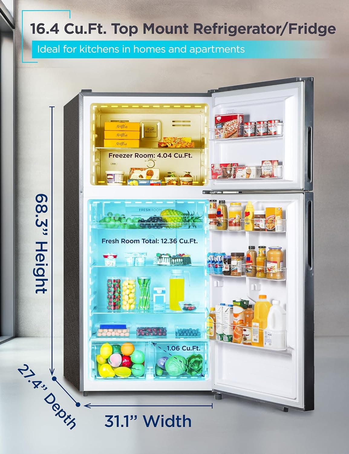 BLACK+DECKER Refrigerador de 16.4 Pies Cúbicos con Congelador Superior, Refrigerador de 2 Puertas con Controles de Temperatura Separados, Descongelación Automática, Electrodoméstico de Cocina de Tamaño Completo para Hogares y Apartamentos, BR1640KB, Negro - Image 2