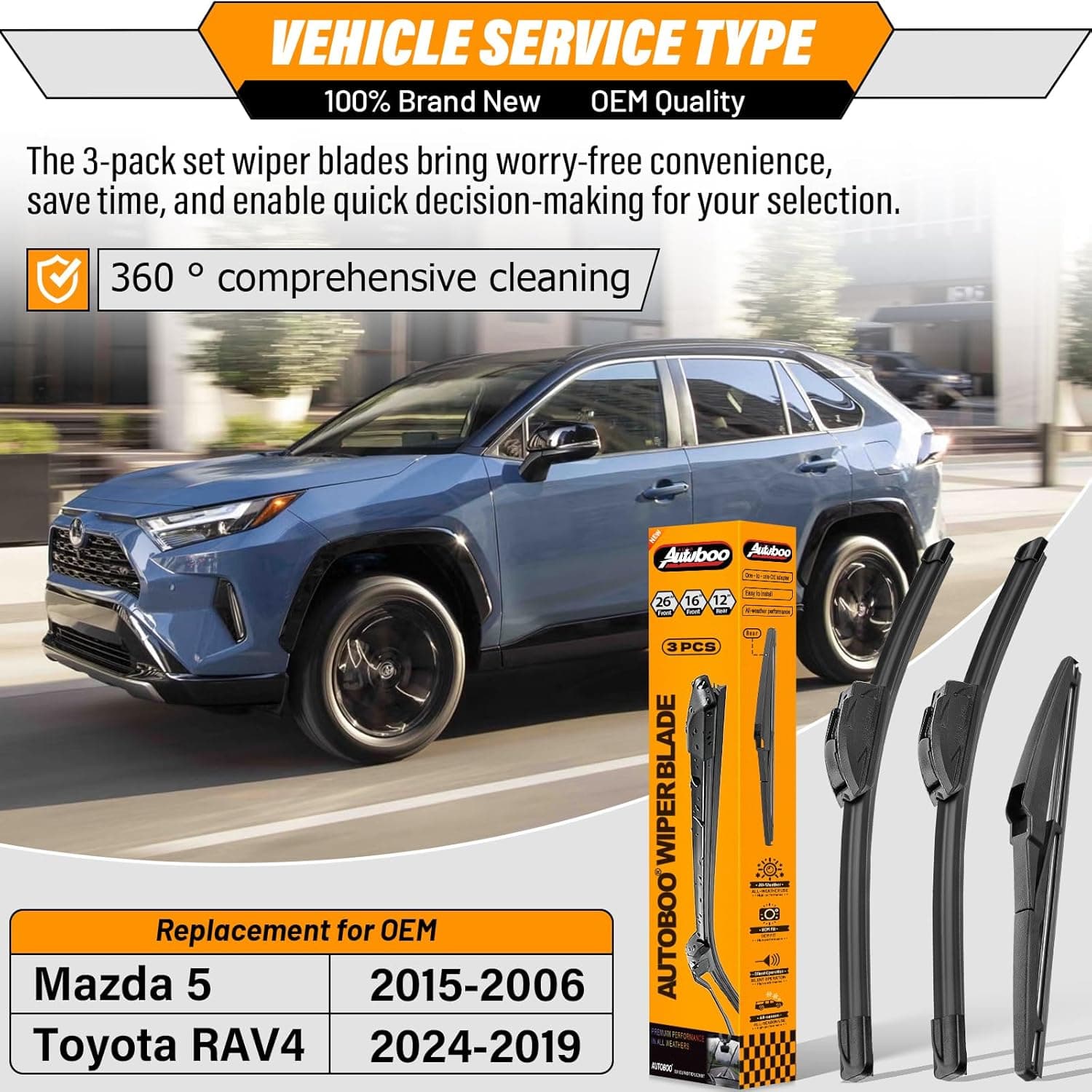 AUTOBOO 26"+16" Limpiaparabrisas con 12" Hoja de Limpiaparabrisas Trasera de Reemplazo para Toyota RAV4 2019 2020 2021 2022 2023 2024, Mazda 5 2015 2014 2013 2012 2011 2010-2006 - Calidad Original de Fábrica (Paquete de 3) 26"+16"/12" - Image 2